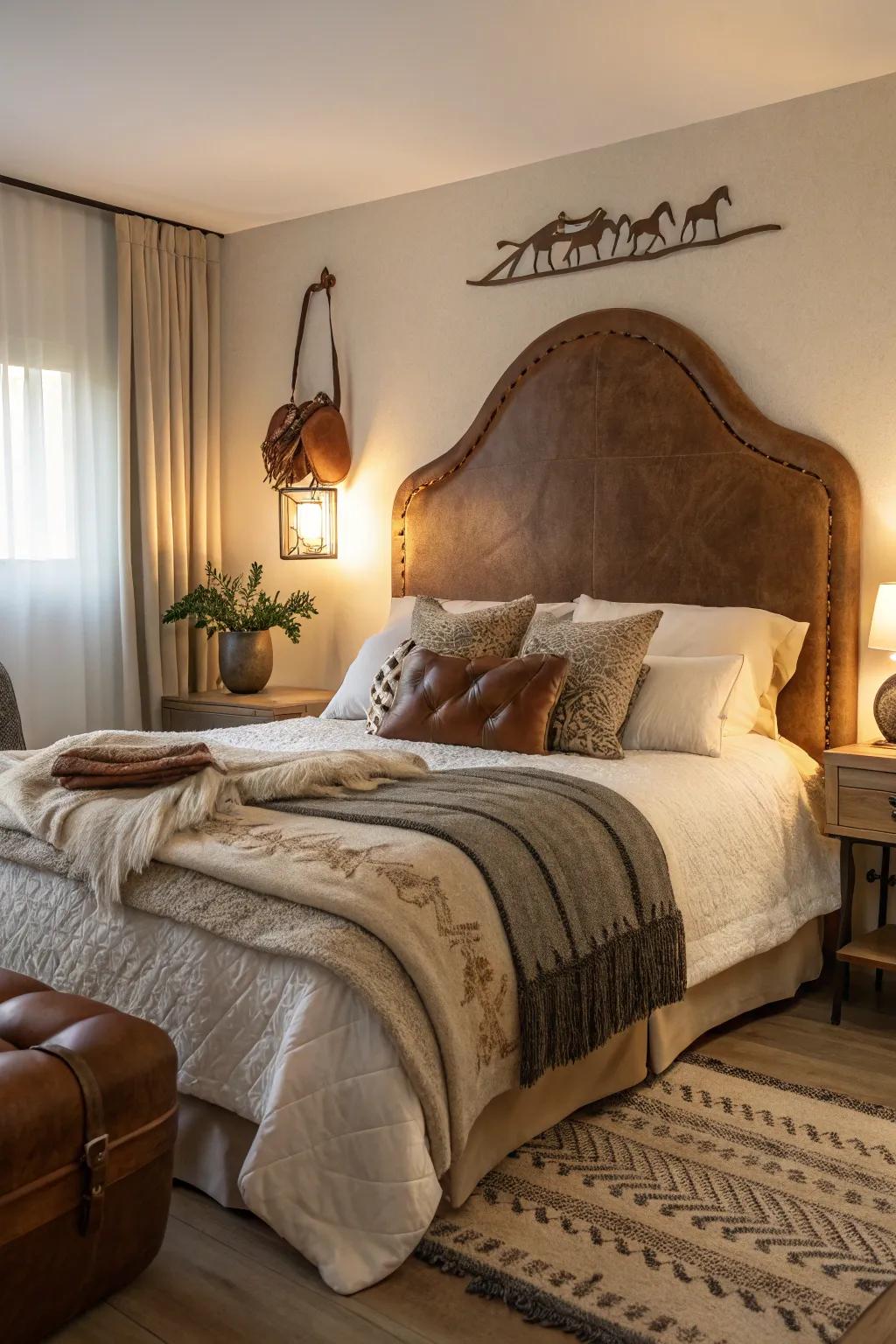 A saddle-inspired headboard brings Western charm to this cozy bedroom.