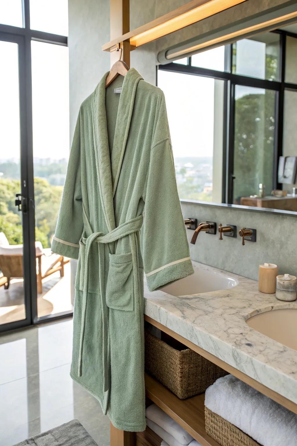 A sage green bathrobe offers ultimate comfort and style.