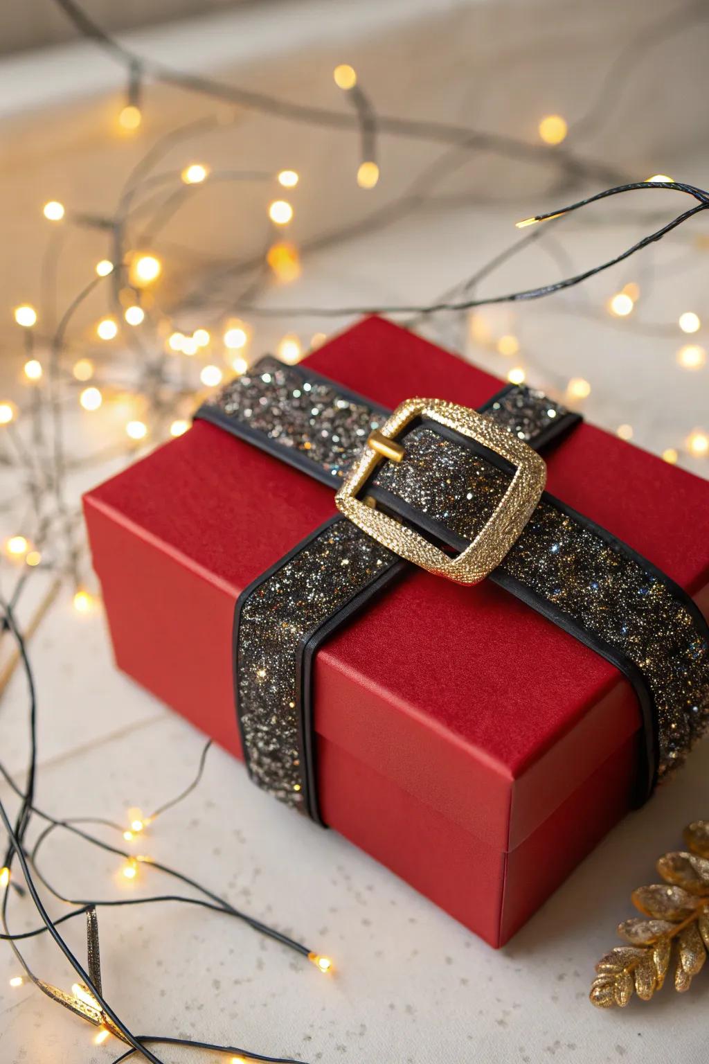 Shimmering details make Santa's belt container sparkle and shine.