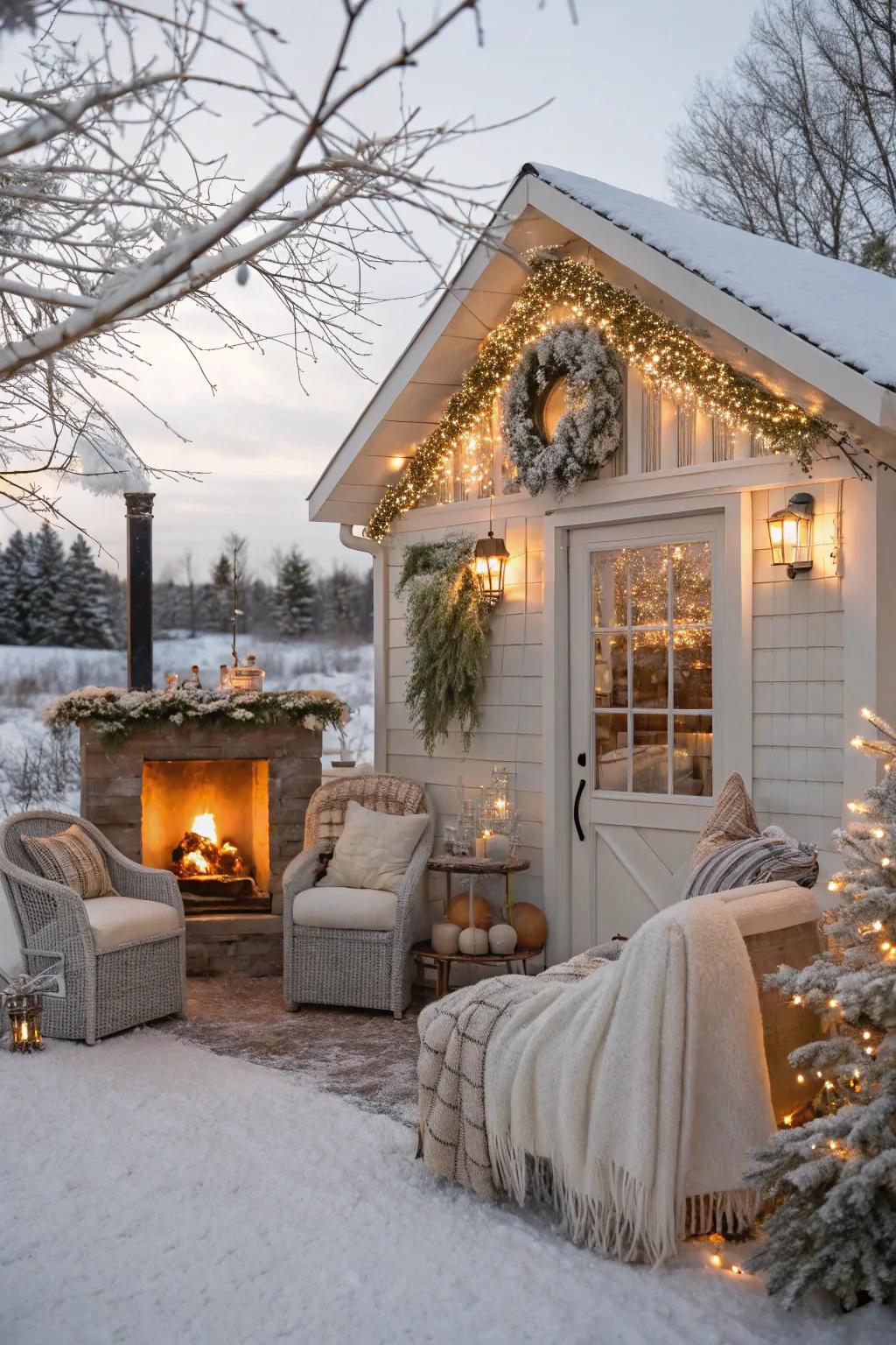 A cozy winter wonderland escape inside a she shed.