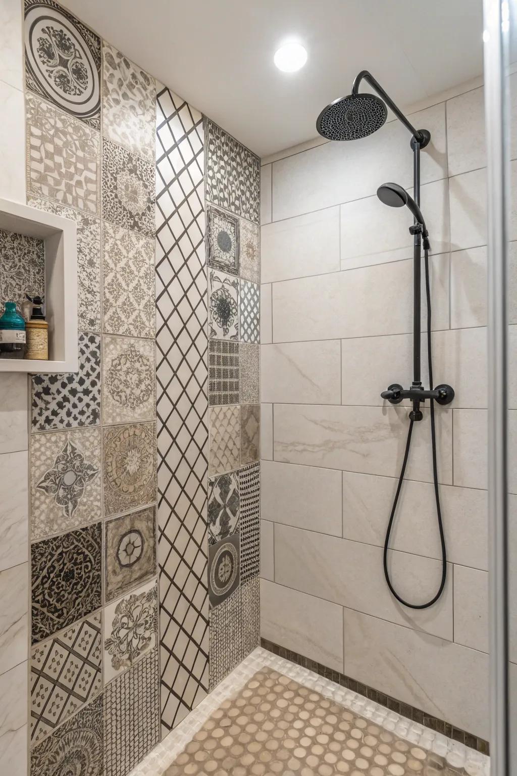 Mixing tile patterns creates a unique and visually interesting shower.