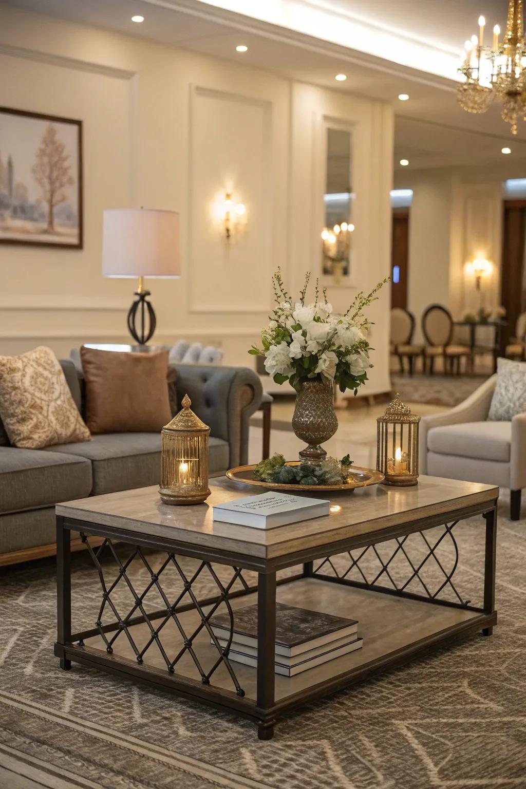 A coffee table that anchors the sitting area.