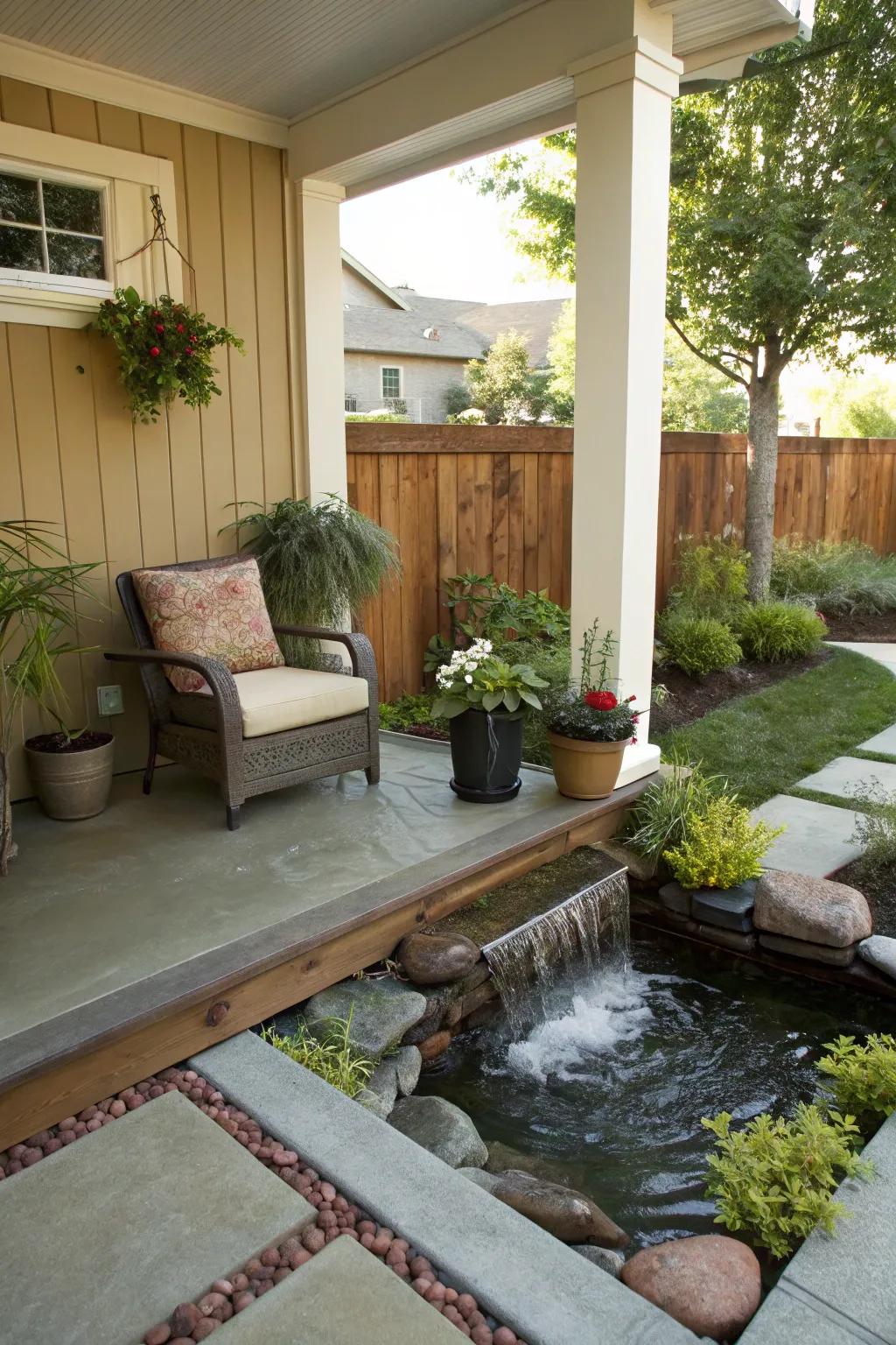 A small water feature transforms a porch into a tranquil escape.