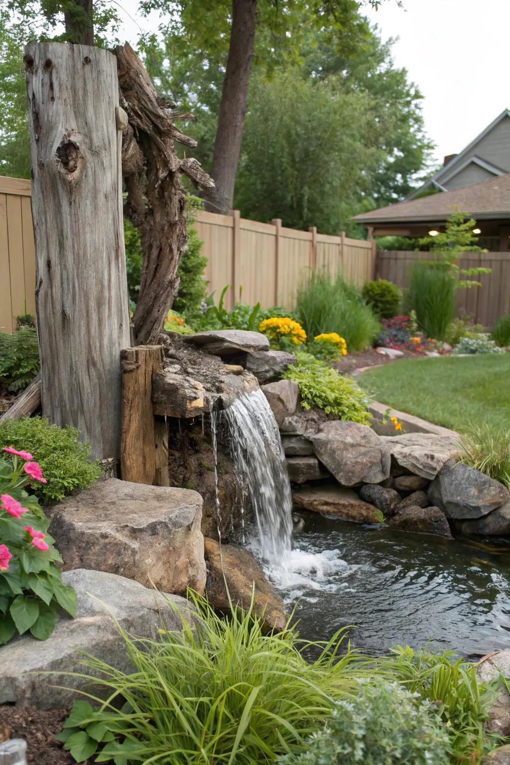 A driftwood waterfall offers organic charm and a coastal feel.