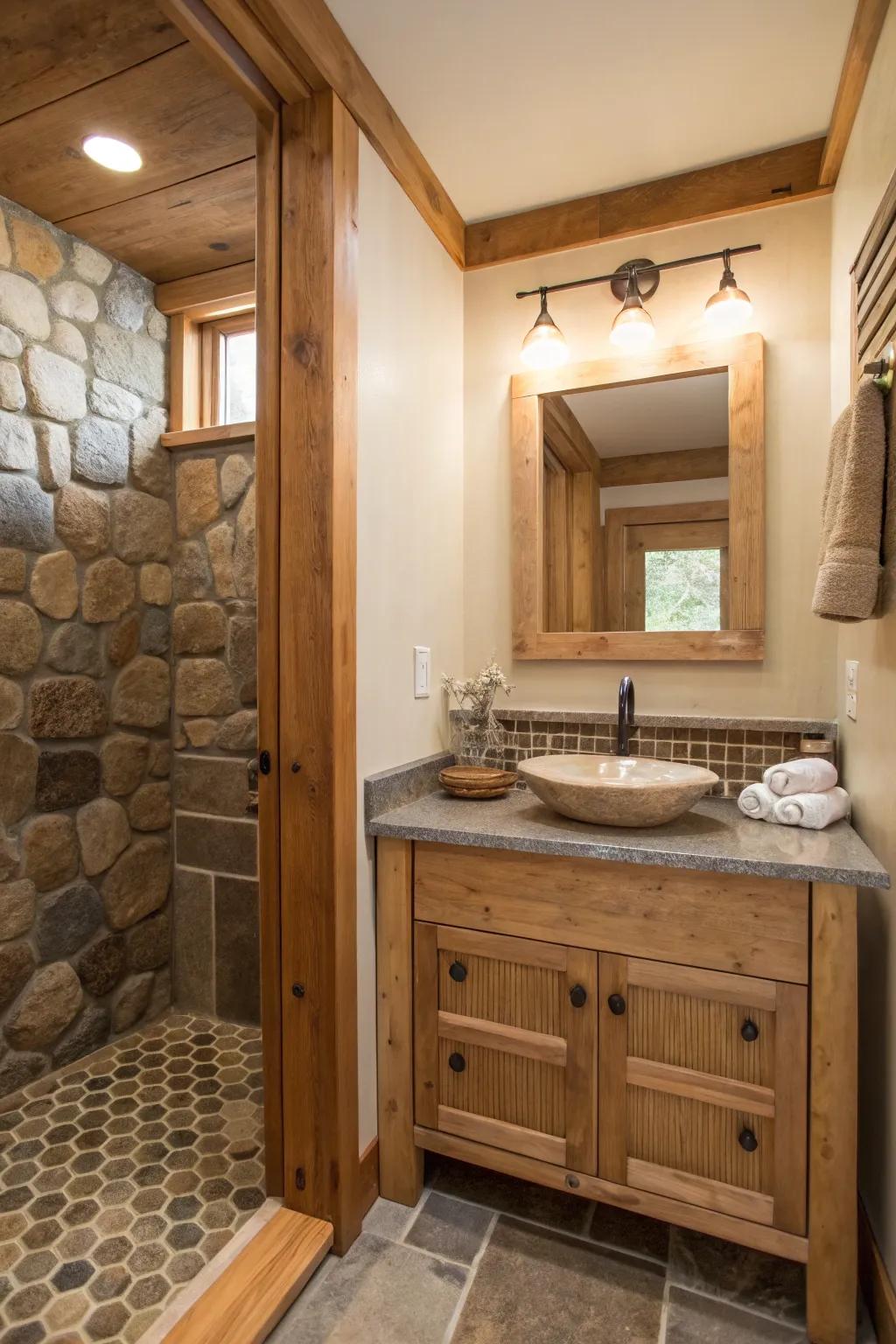 Natural materials create a warm atmosphere in a compact bathroom.