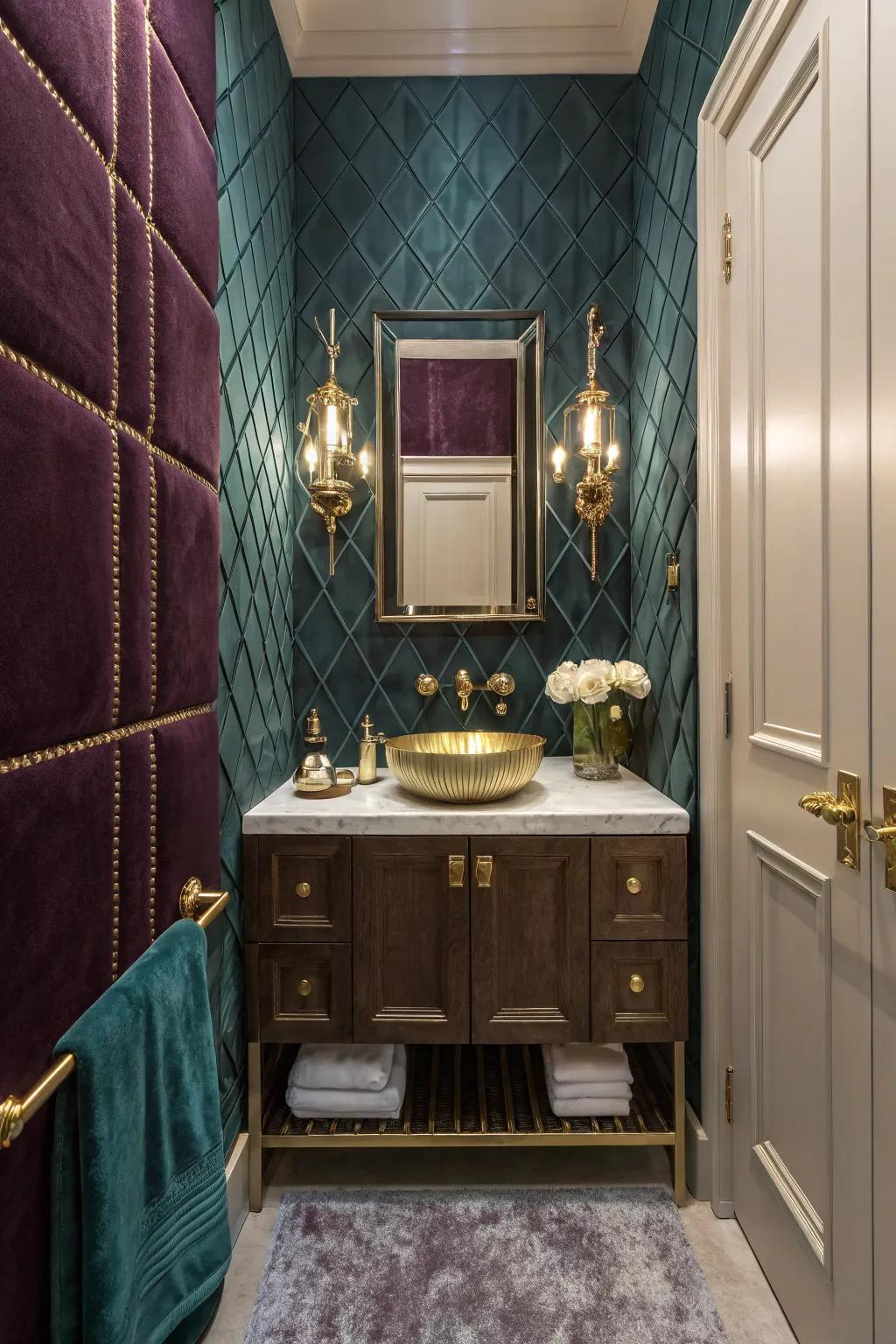 Velvet-textured panels in a small bathroom, creating a luxurious and cozy space.