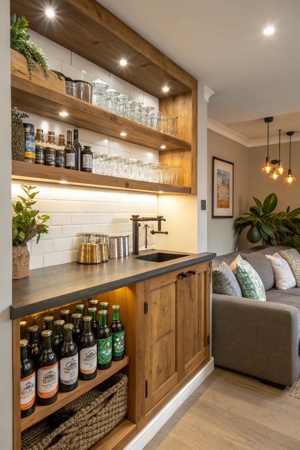Enchanting corner alcove beer display radiating cozy sentiments.