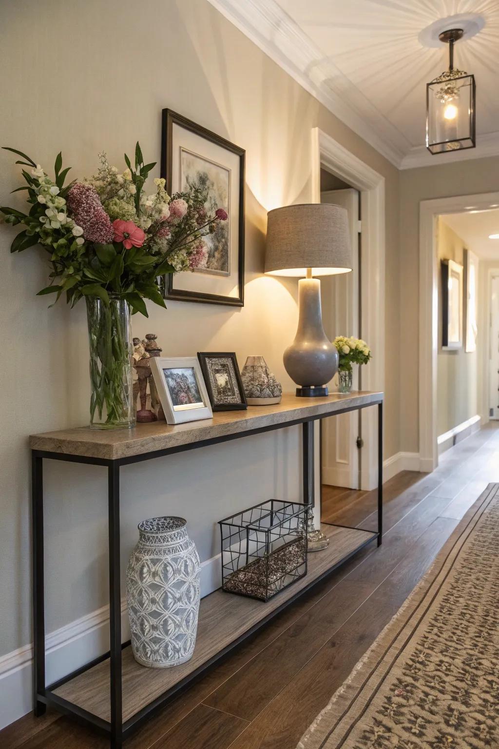 A console table adds style and function to a small hallway.