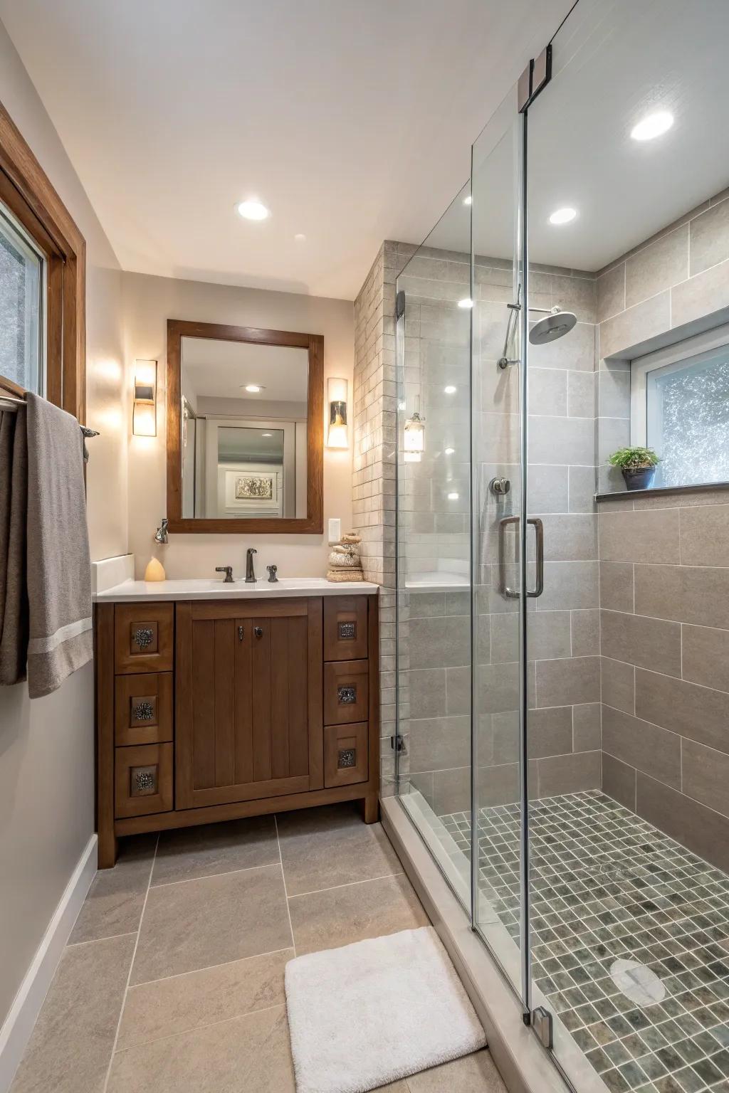 Walk-in showers enhance accessibility and visual space.