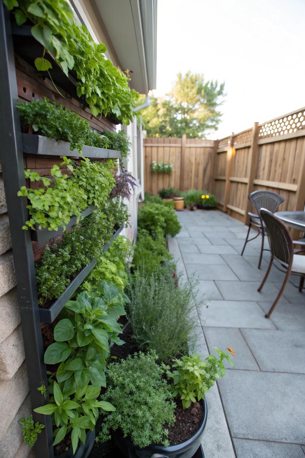 A small patio featuring a vertical herb garden for fresh flavors.