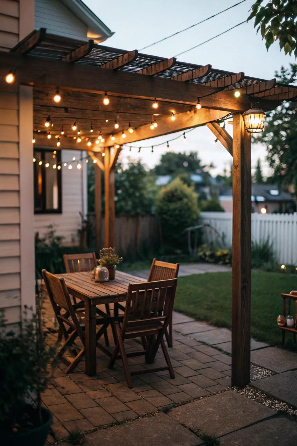 A dining nook under a pergola offers a charming spot for outdoor meals.