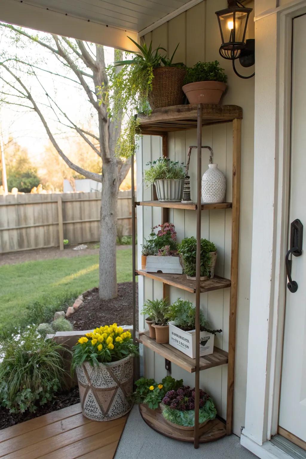 Corner shelves extend storage and display without taking up floor area.