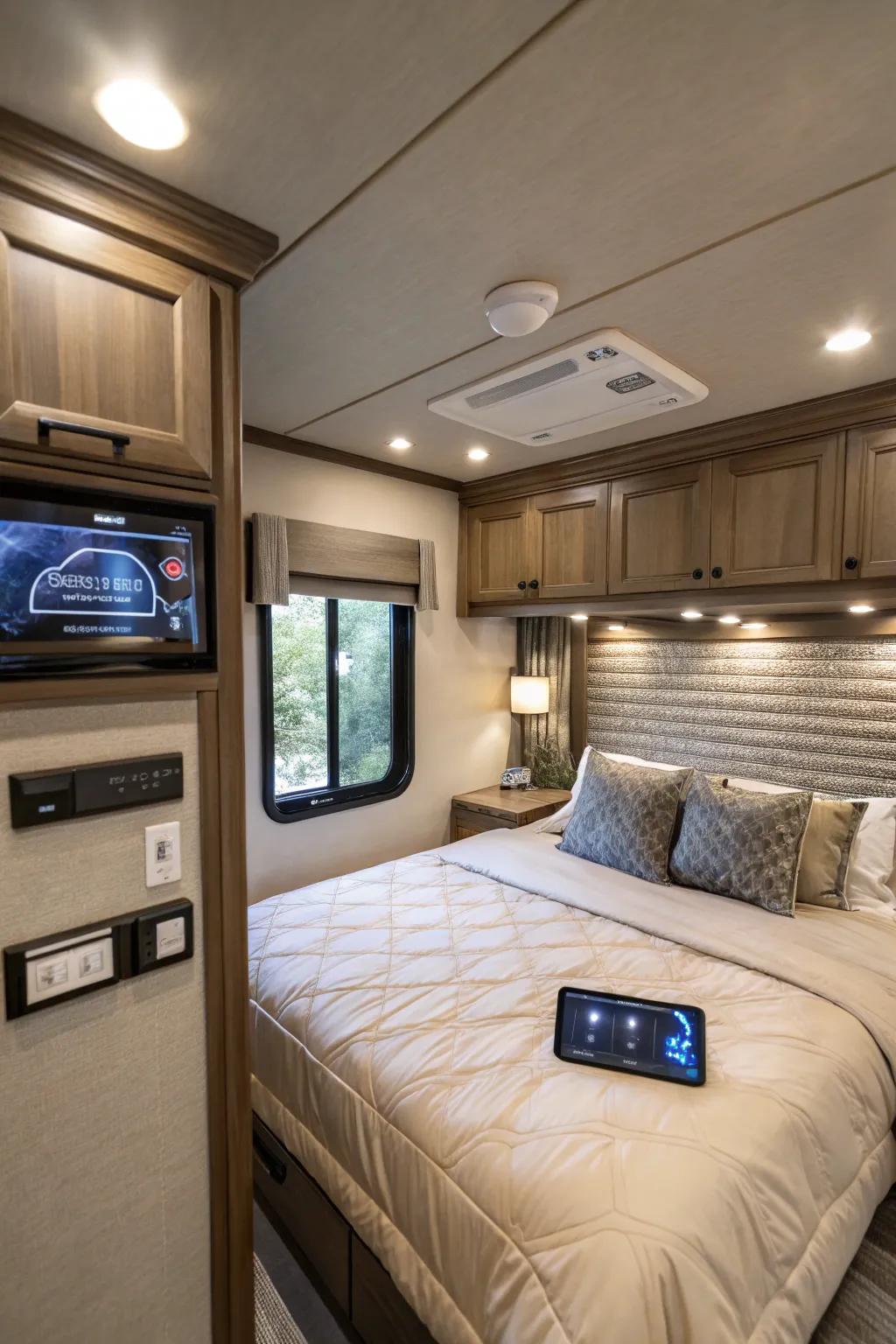 Smart technology adds convenience and modernity to your RV bedroom.