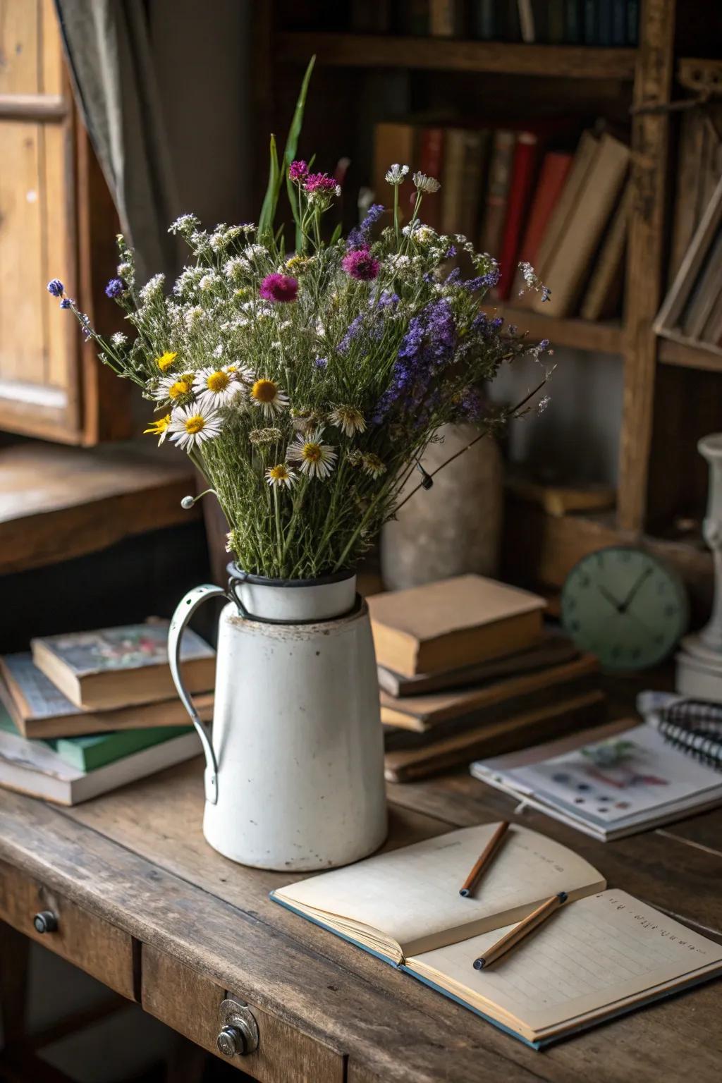 A vintage milk jug adds nostalgic charm to any flower arrangement.