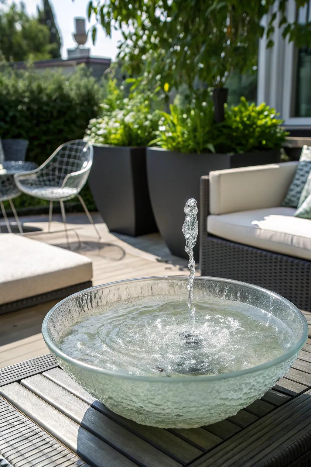 A modern, chic solar fountain within a clear glass bowl.