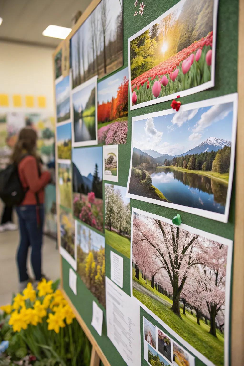 A photo collage bulletin board showcasing beautiful spring nature scenes.