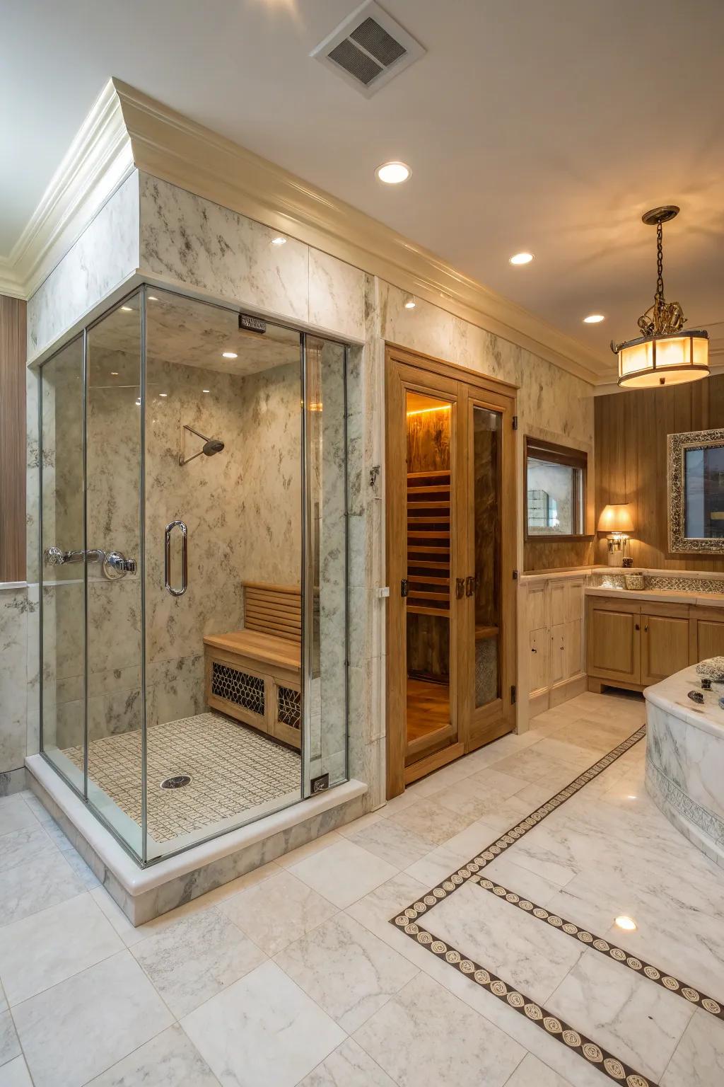 A standup shower paired with a sauna offers ultimate relaxation.