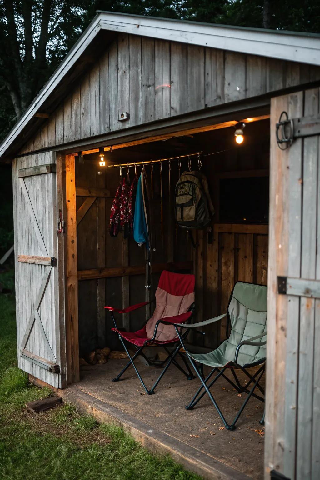 Maximize storage in sheds by hanging chairs from rafters.