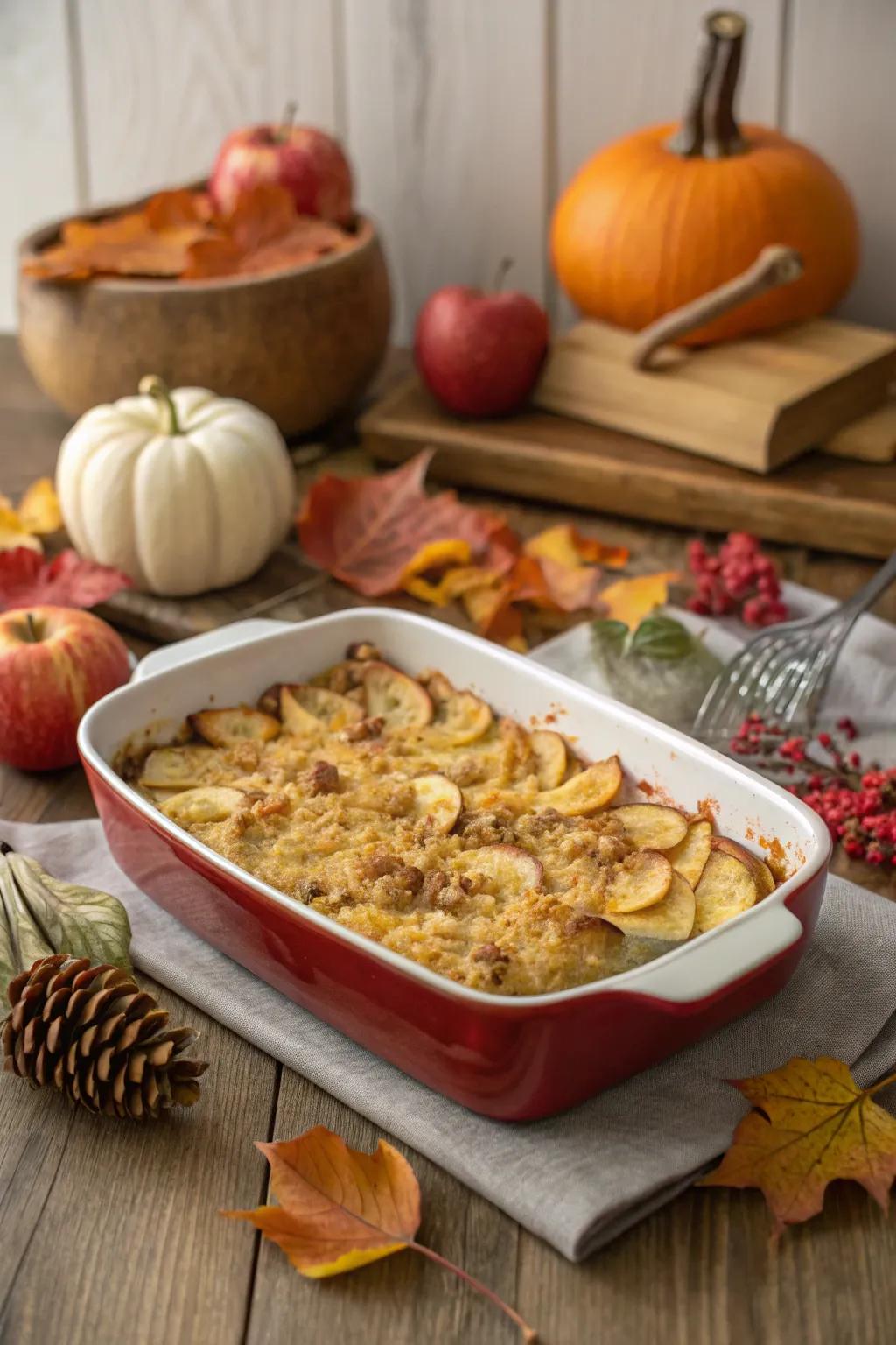 Savory apple and cheddar casserole, a perfect autumn delight.