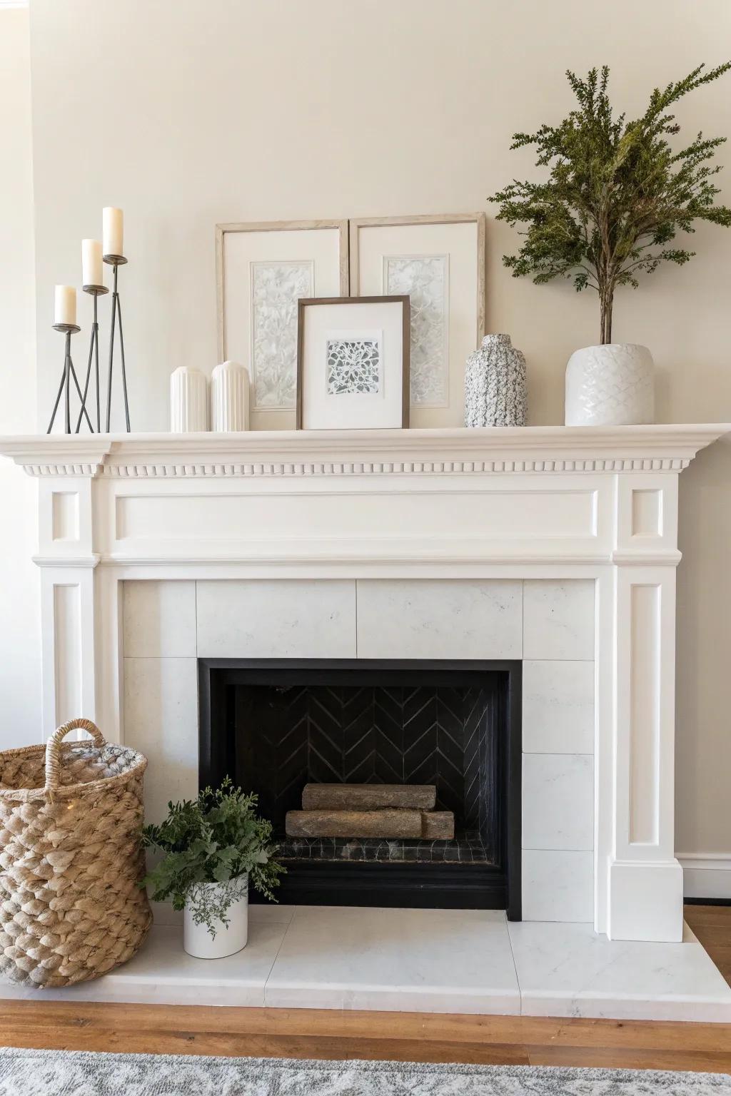 A high mantel exhibiting minimalist décor for a pristine and tranquil aesthetic.