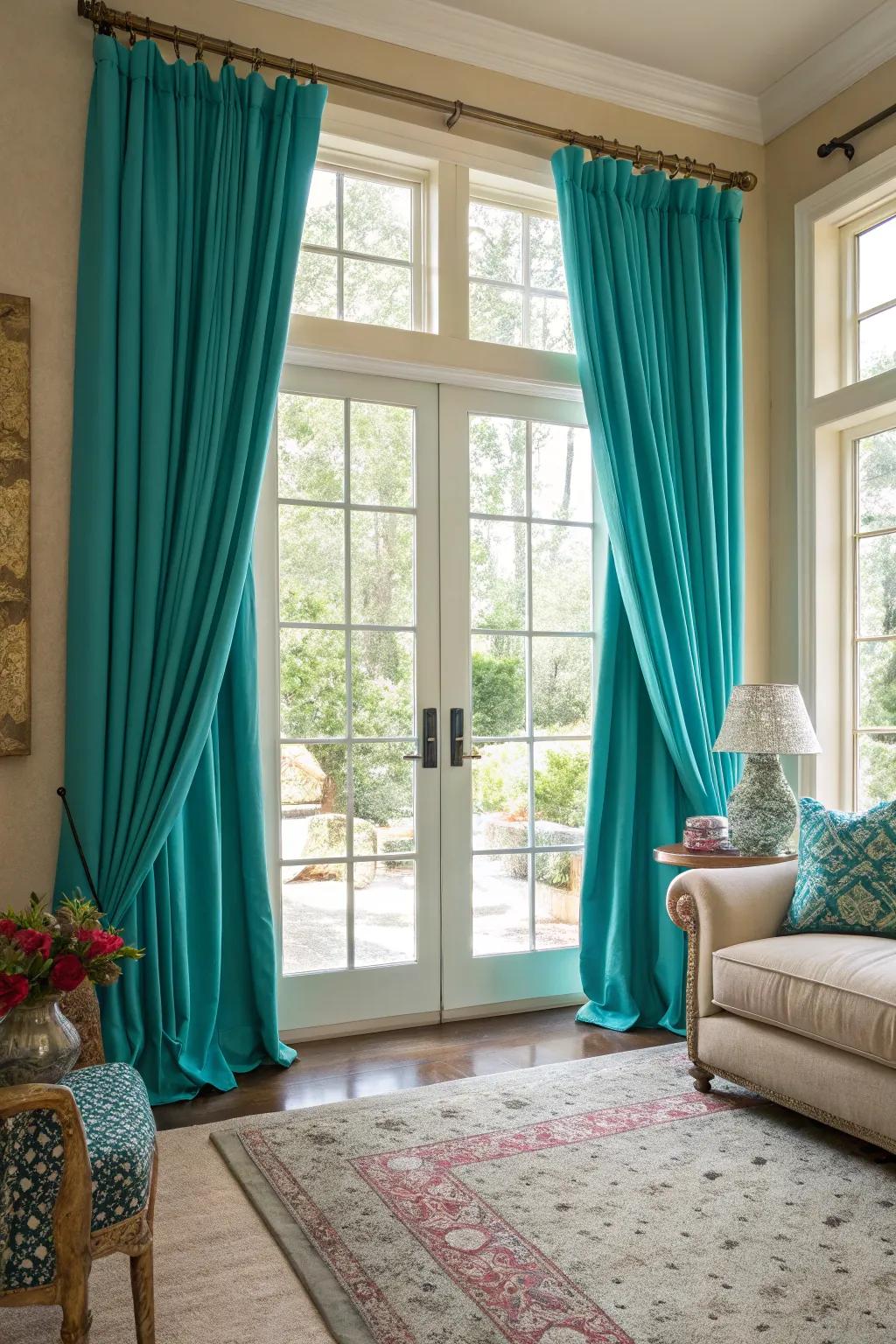 Light and privacy are stylishly managed using teal and turquoise curtains.
