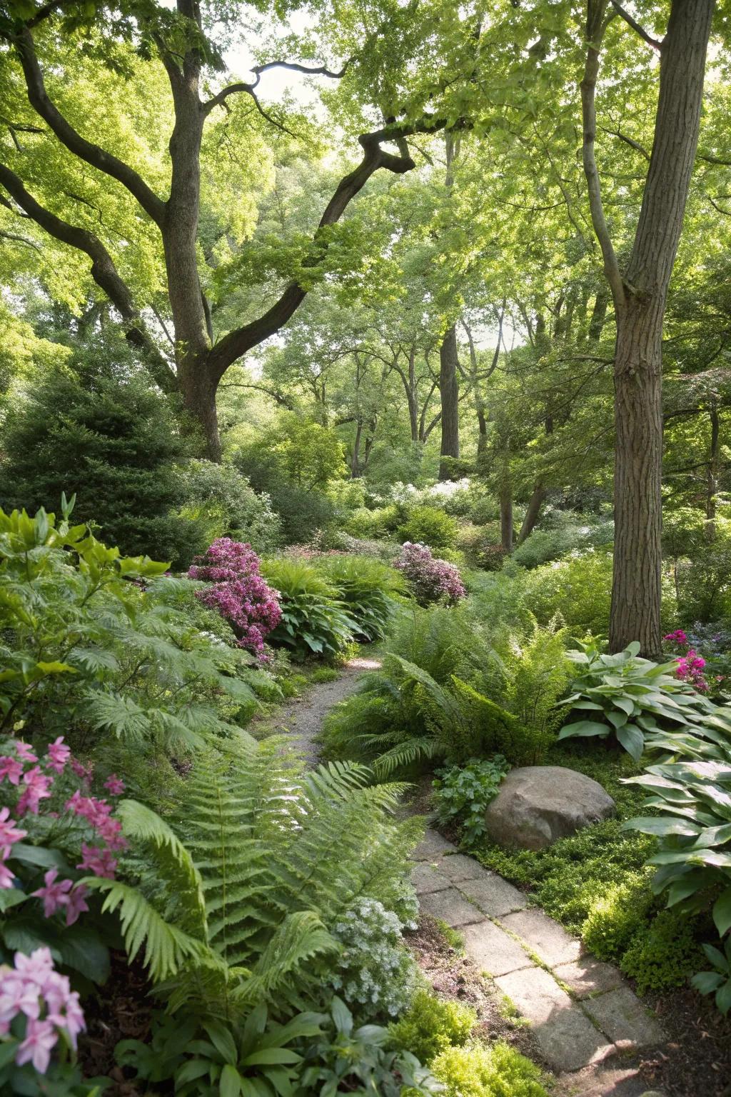 A tranquil shade garden offering a cool escape from the sun.