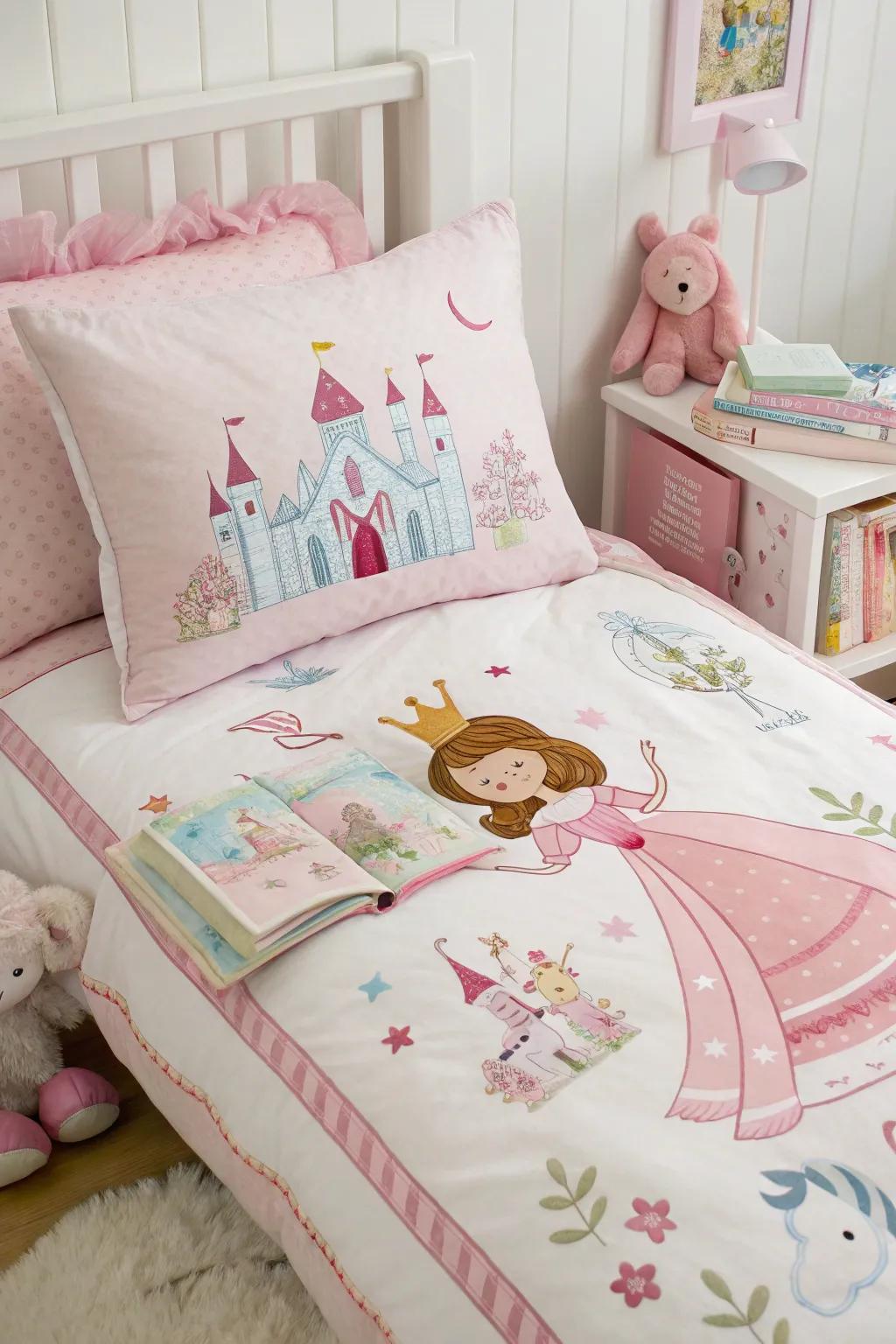 Themed bedding personalizes her sleep space.