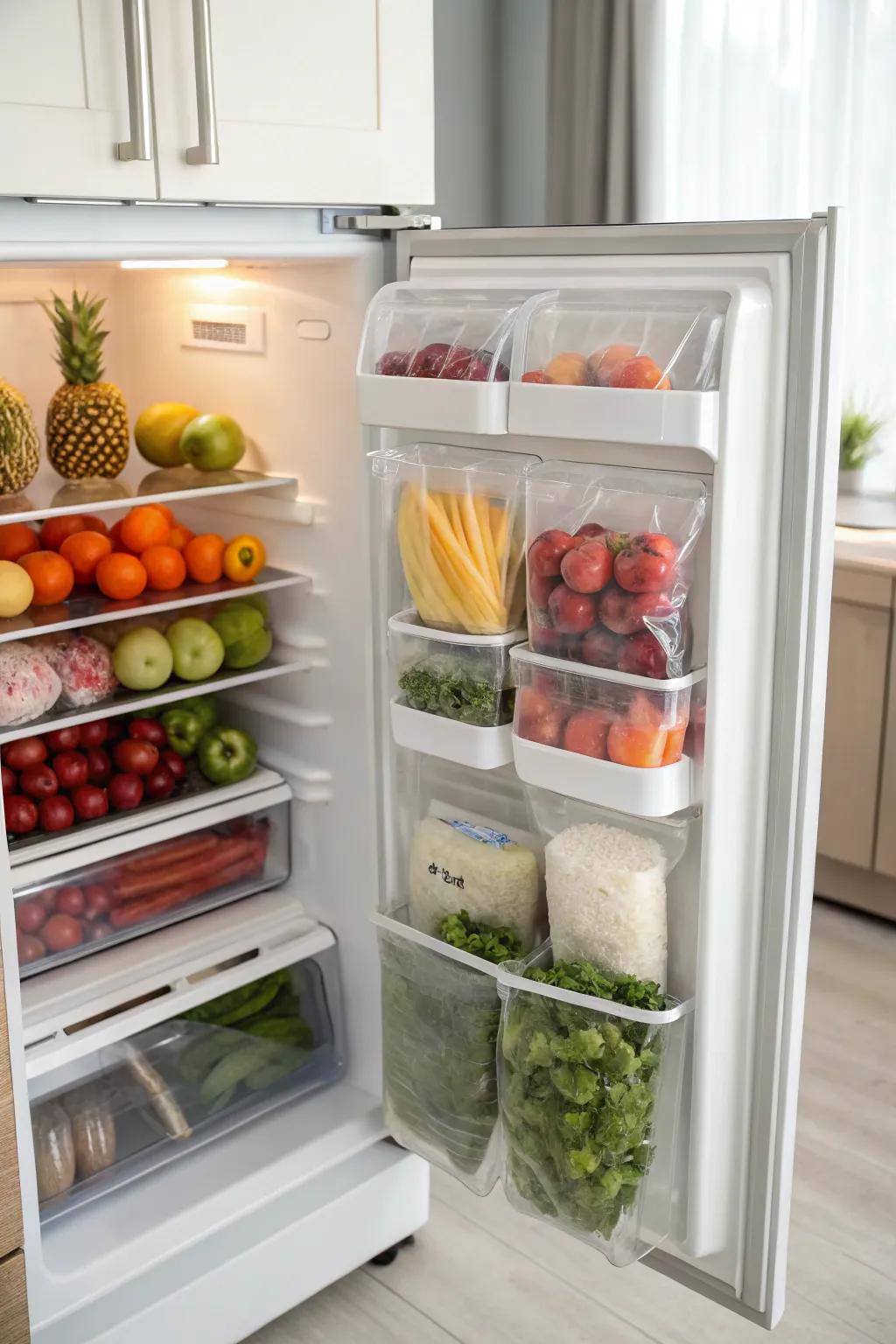 Upright storage of bags in a top freezer, keeping produce organized and easy to access.