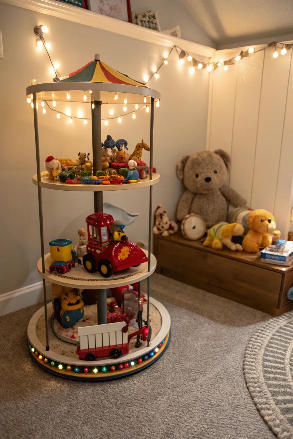 Rotating toys on display keeps the play area fresh and tidy.