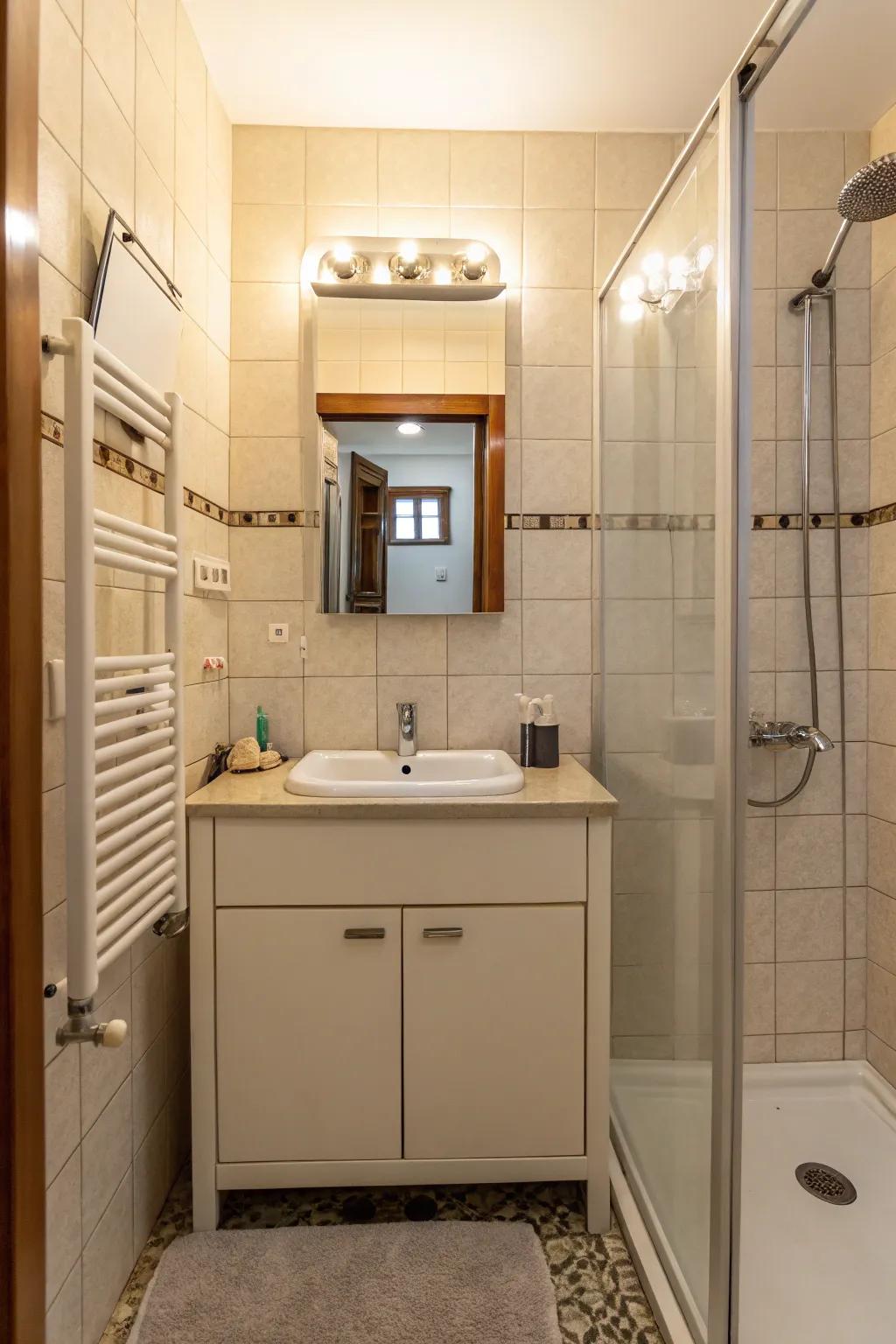 A small bathroom featuring a compact vanity that maximizes space efficiency.