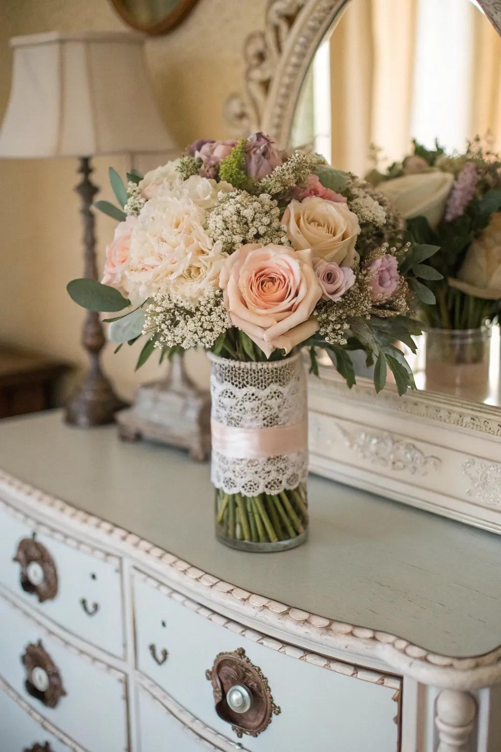 Aged pastel arrangement infusing ageless romance into a chamber.