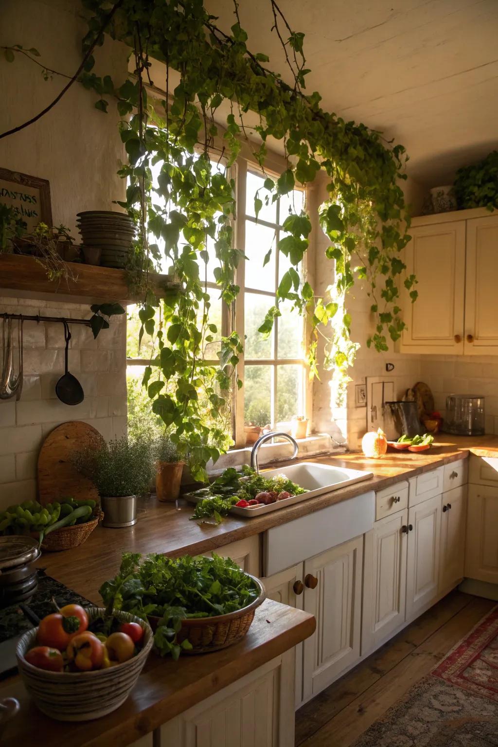 Bring vitality to your kitchen by adding hanging vines.