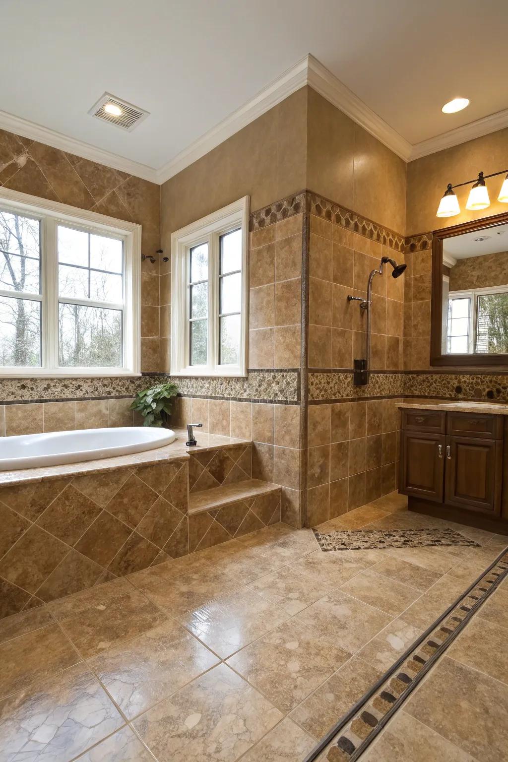 Travertine highlights add a sophisticated touch to brown tiles.