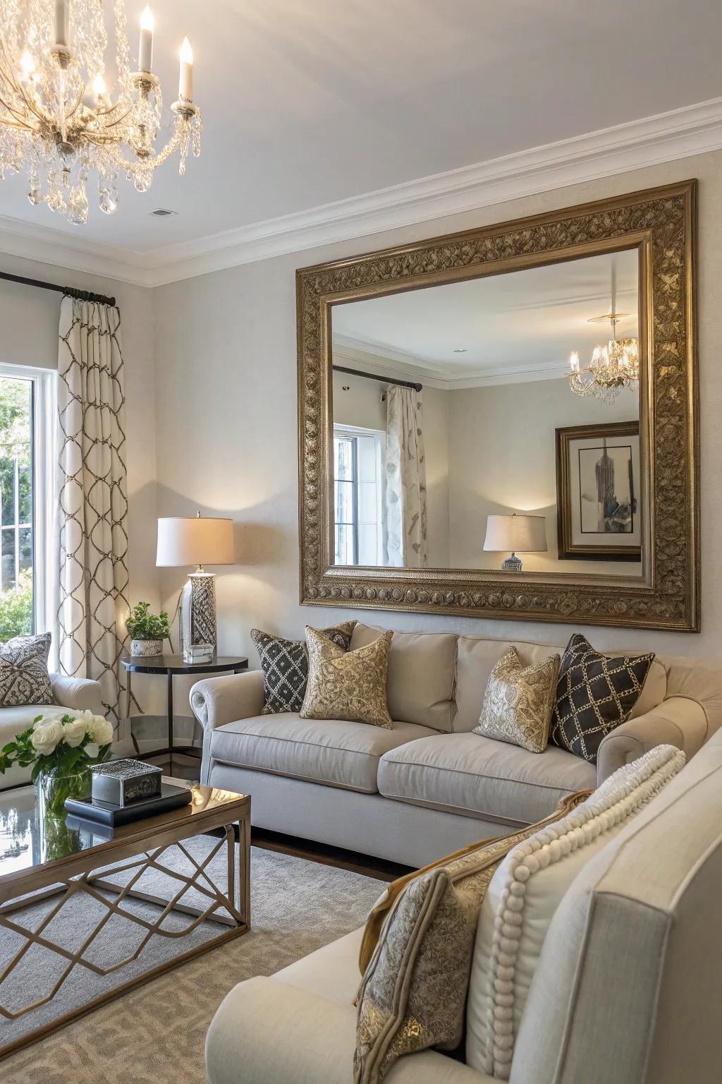 A statement mirror in the living room enhances light and space.