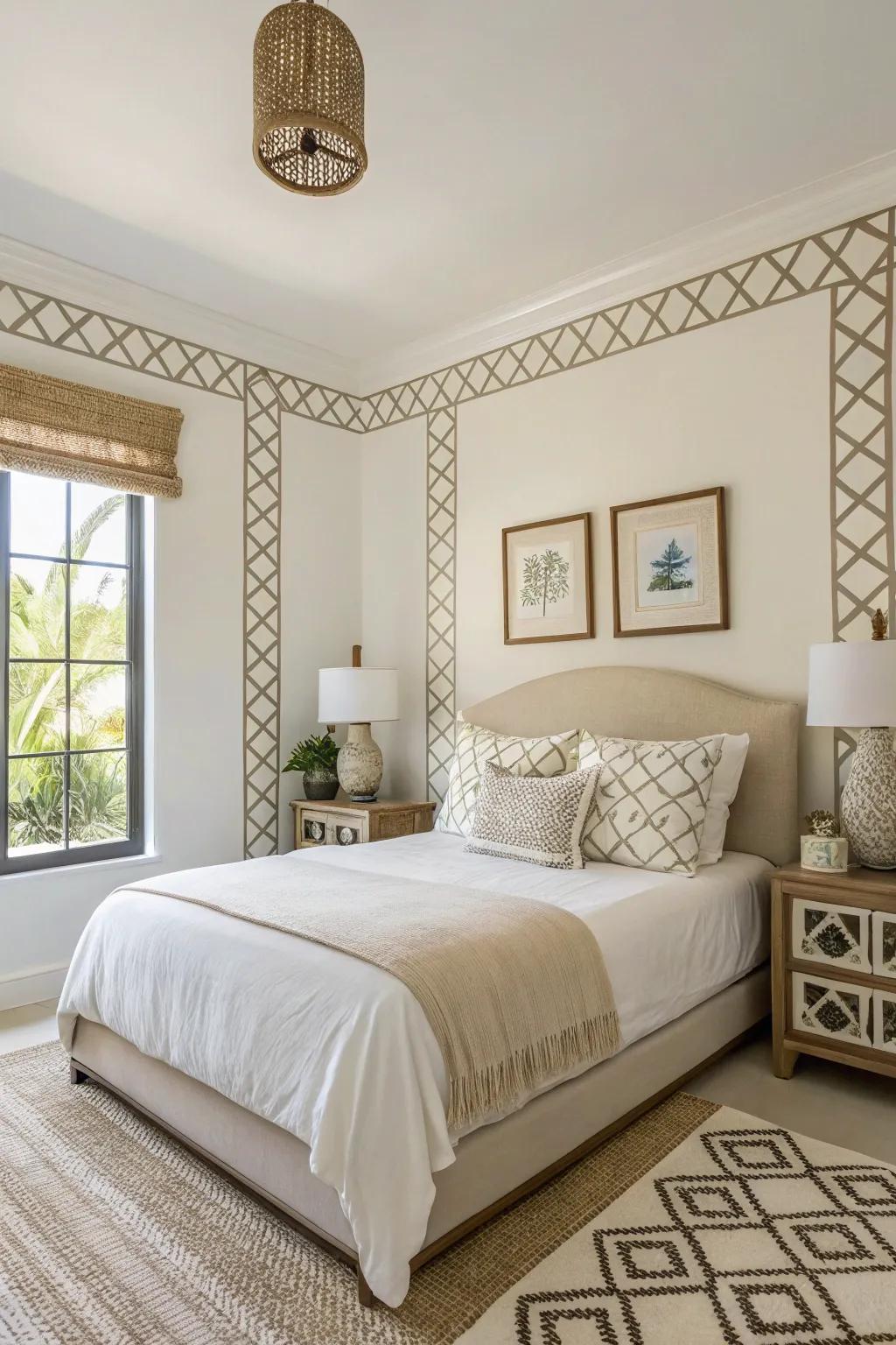 Geometric trim patterns make this guest bedroom stand out.