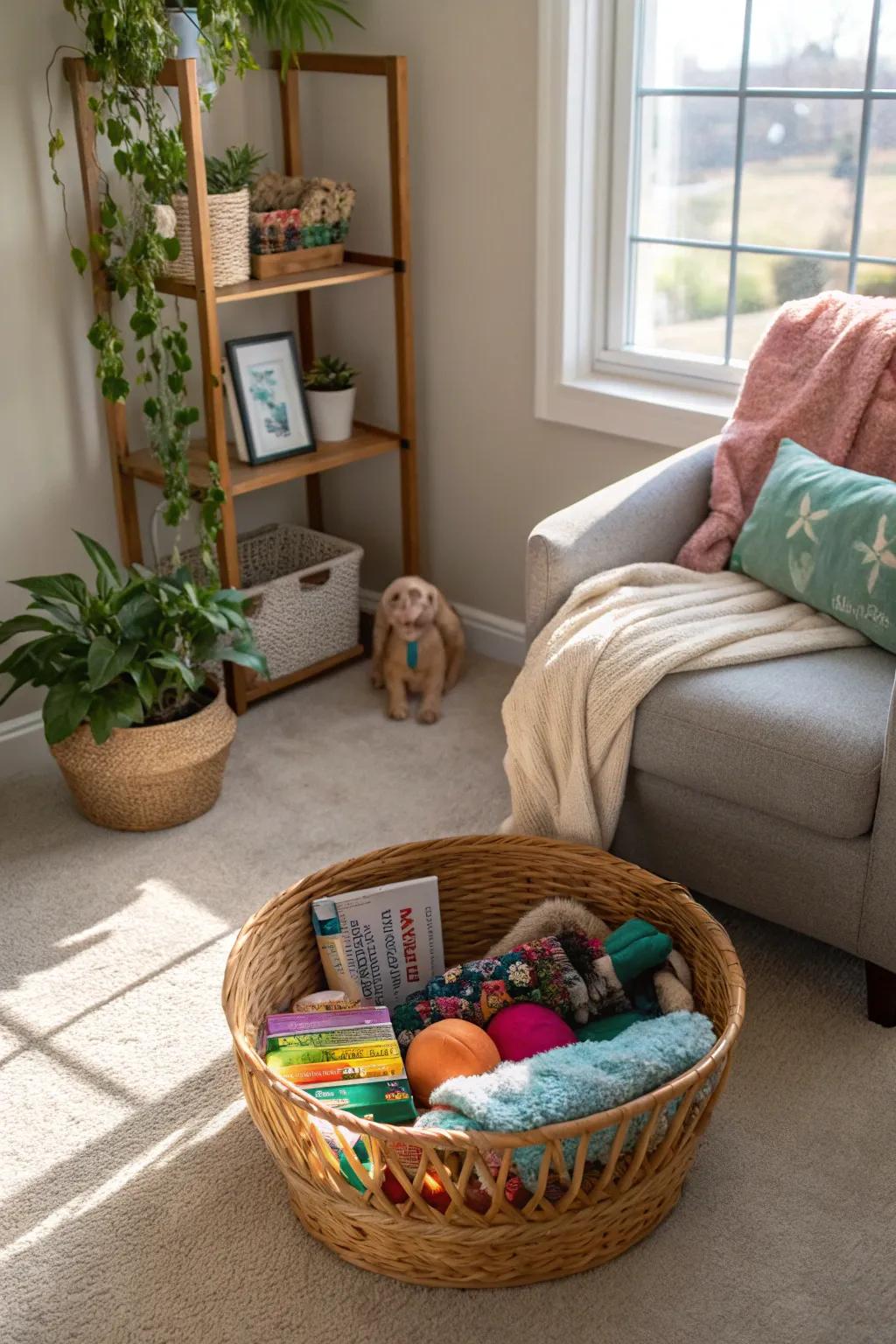 A basket designated for pet articles maintains order and pet-friendly status.