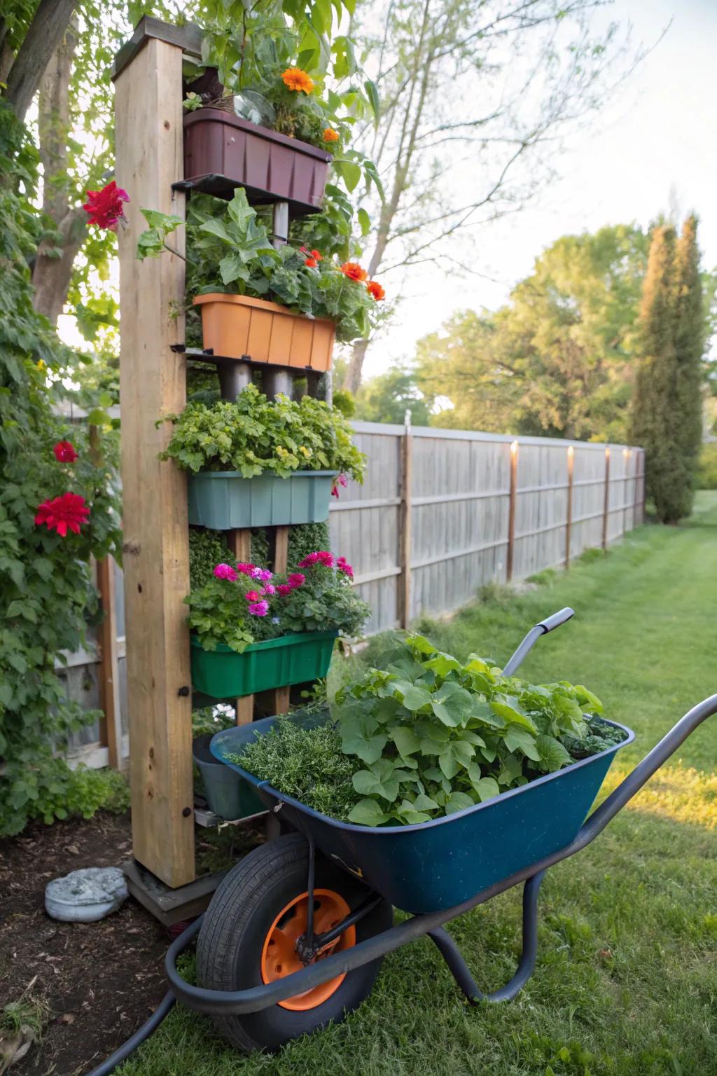 Save space with a vertical garden wheelbarrow.