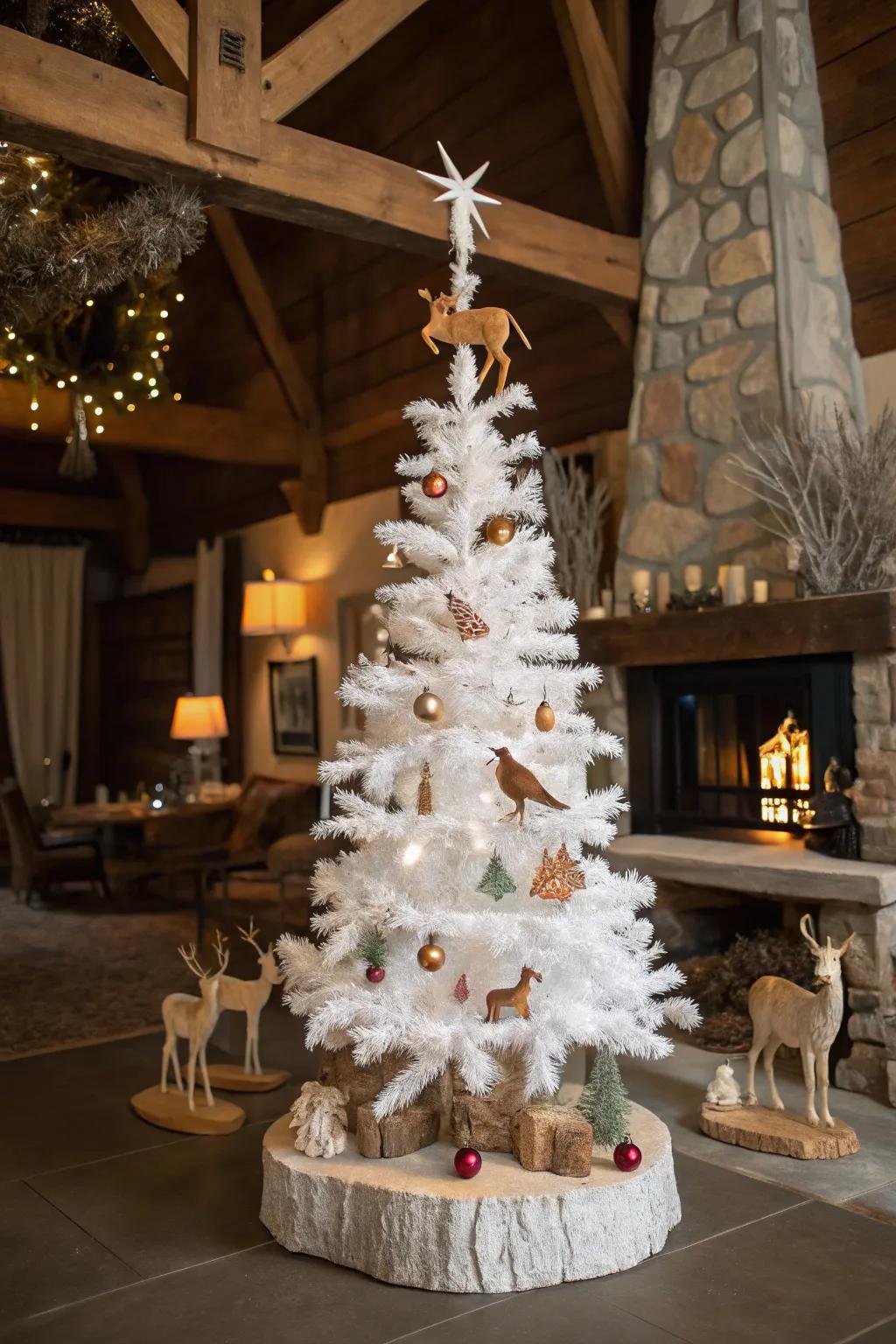 Countryside sylvan enchantment on a white Christmas tree.
