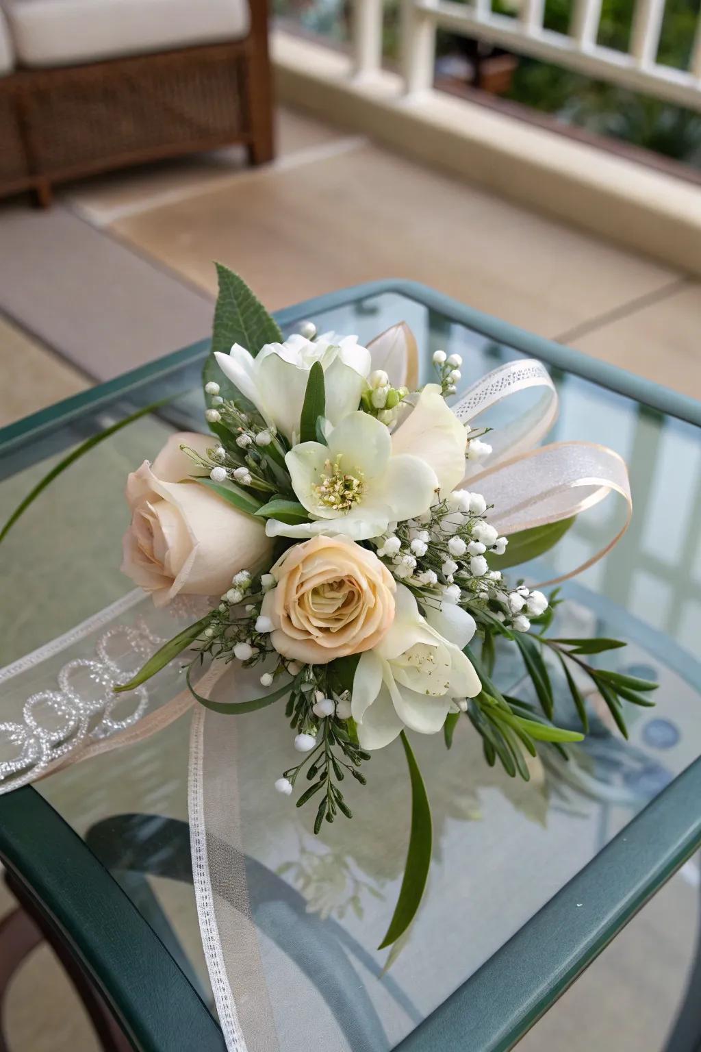 Everlasting wrist corsage with stunning silk flowers.