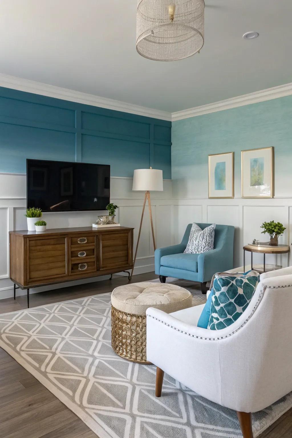 A living room featuring a gradient color block accent wall.