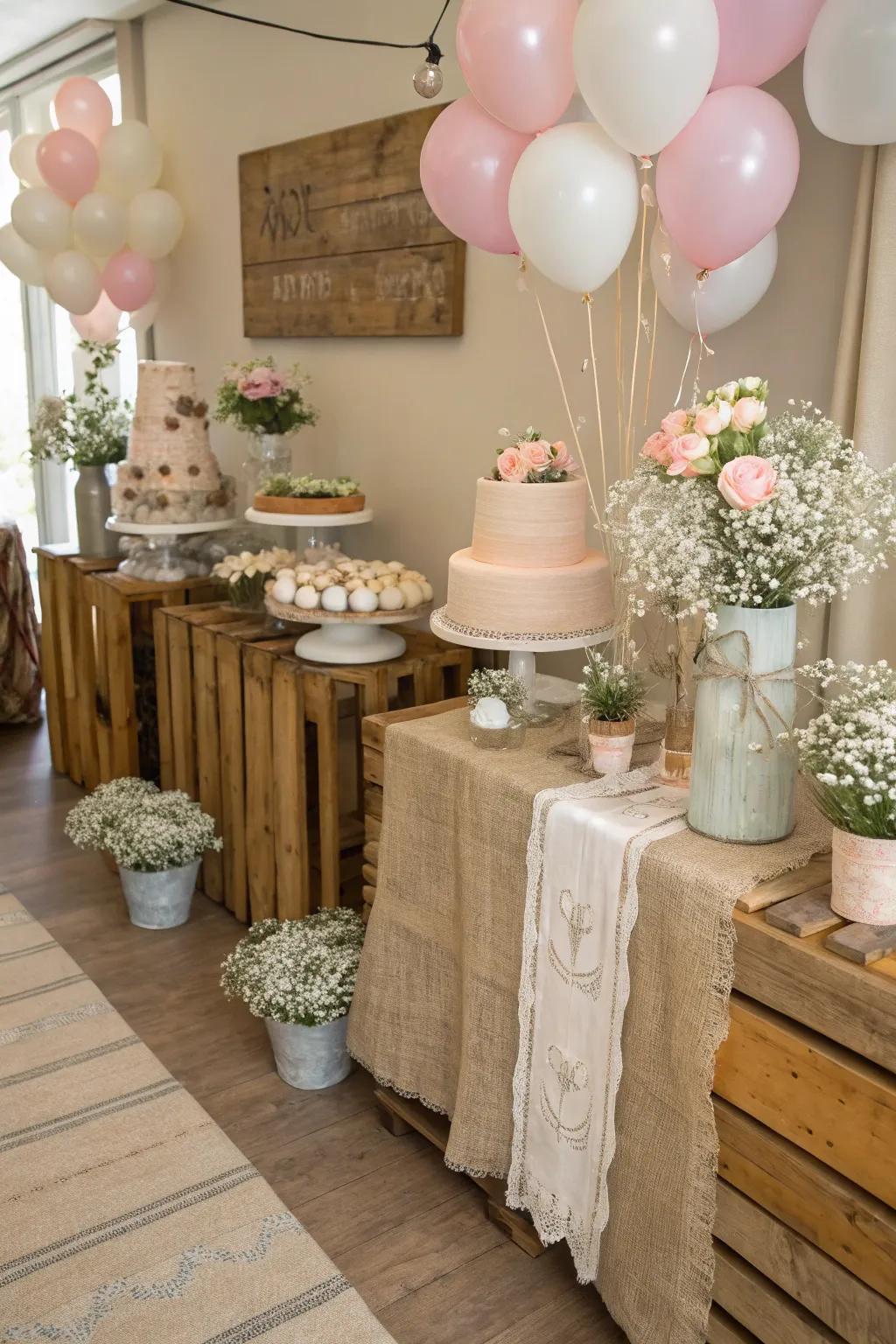 Rustic chic decor with burlap runners and wooden accents creates a cozy atmosphere.