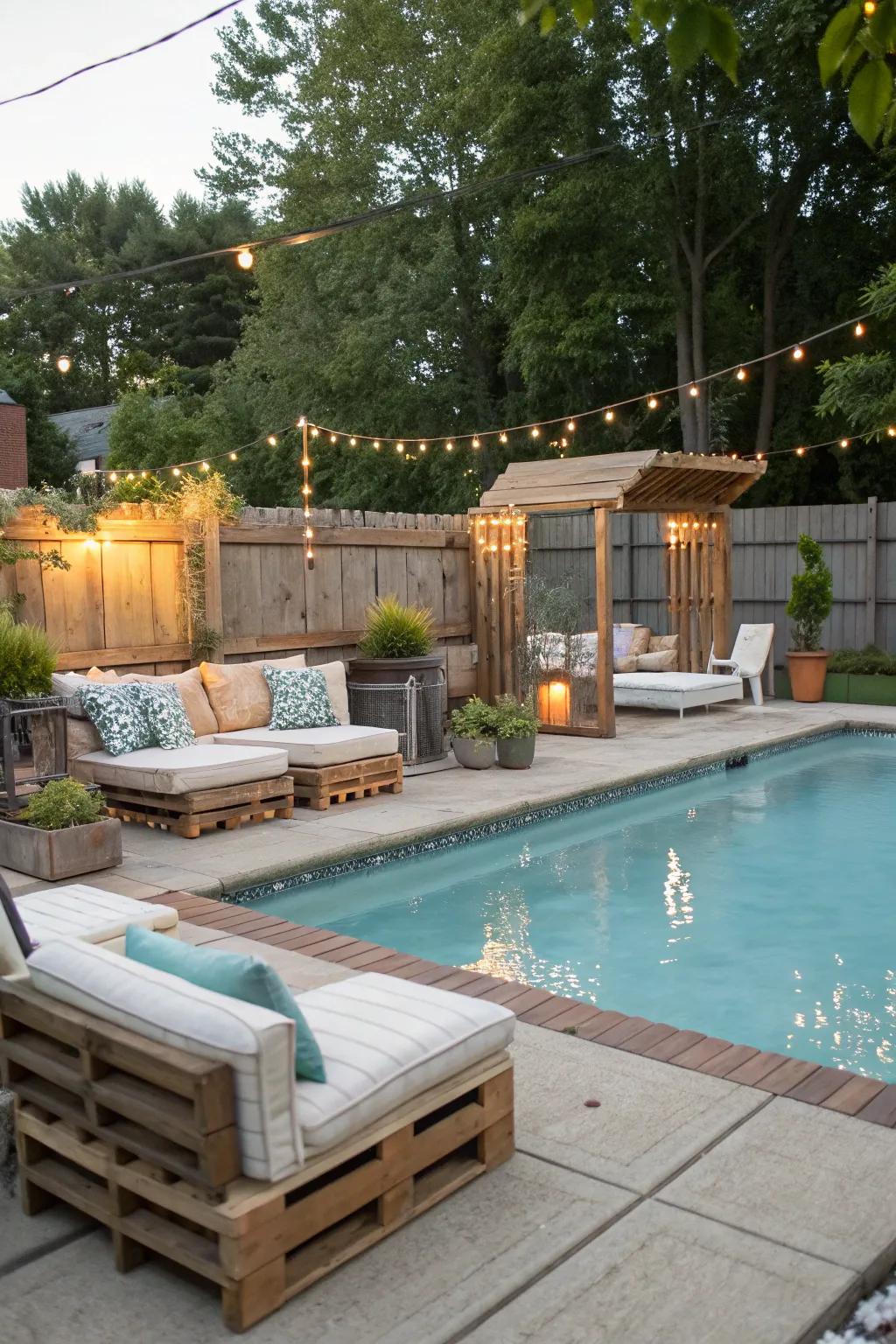 A charming poolside seating area with upcycled furniture.