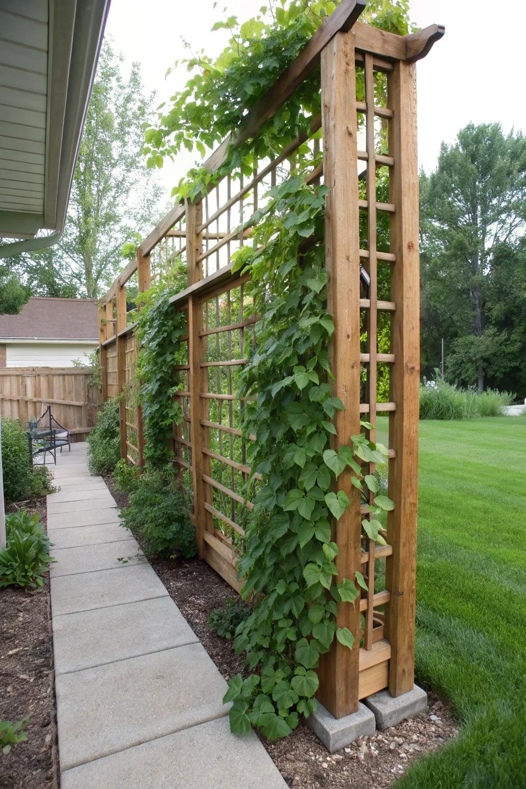 A homey DIY trellis transformed by lush climbing vines.