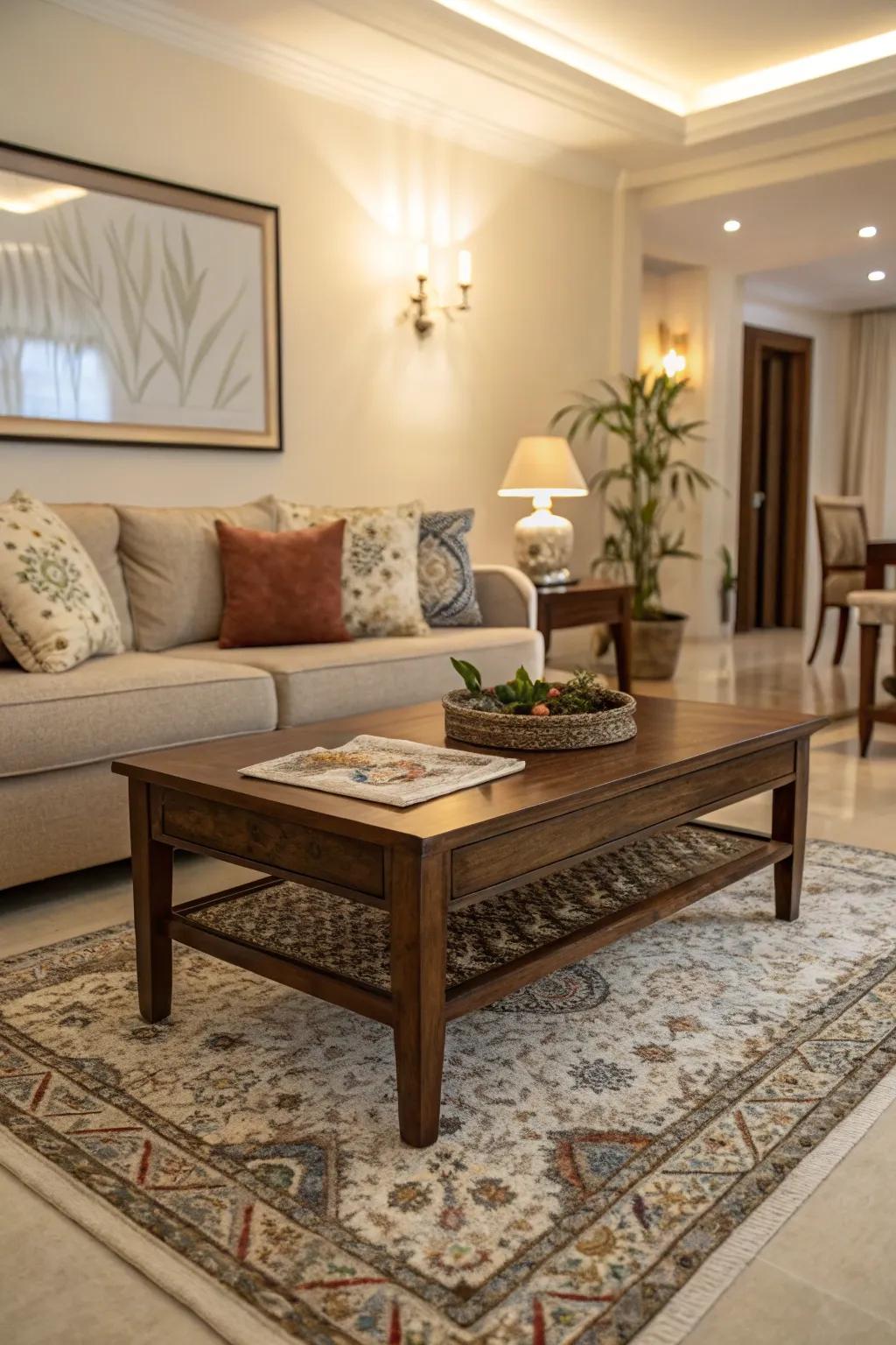 A living room with a small rug awkwardly placed under a coffee table, not covering the seating area.