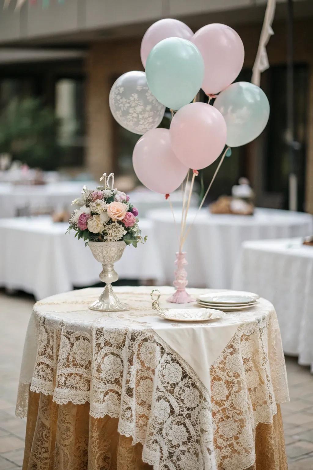 Lace and subdued balloons articulate vintage grace.