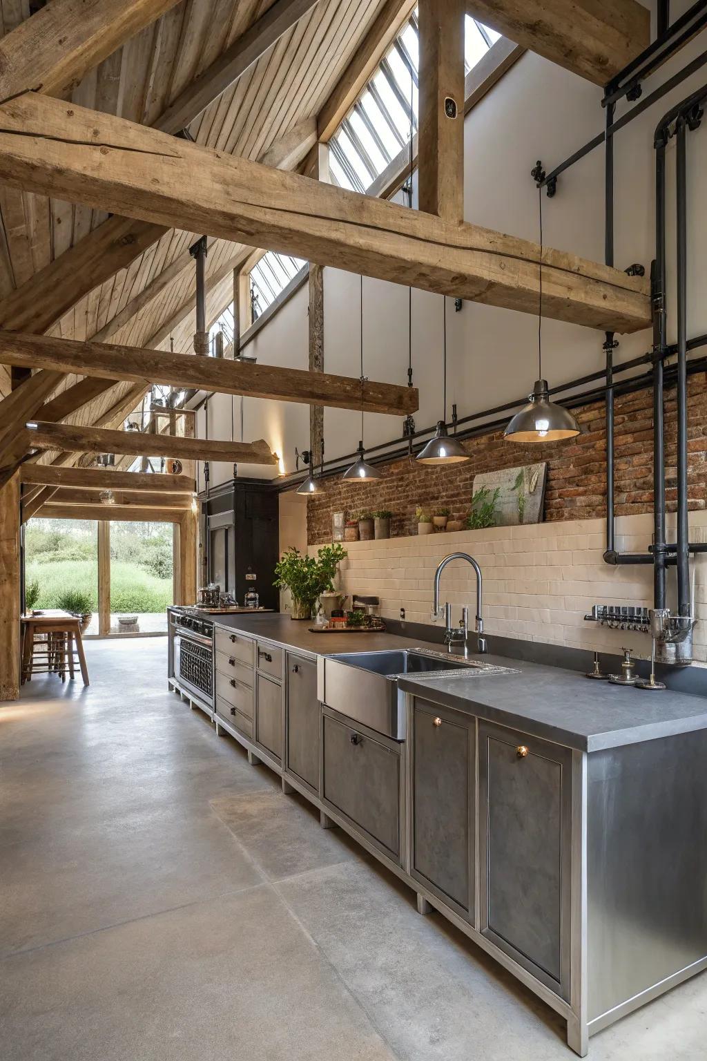 Industrial elements enhance the rustic aesthetic.