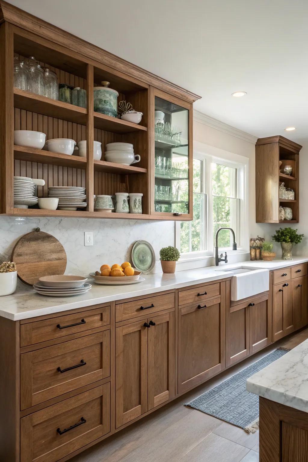 Open shelving in cabinets adds accessibility and style.