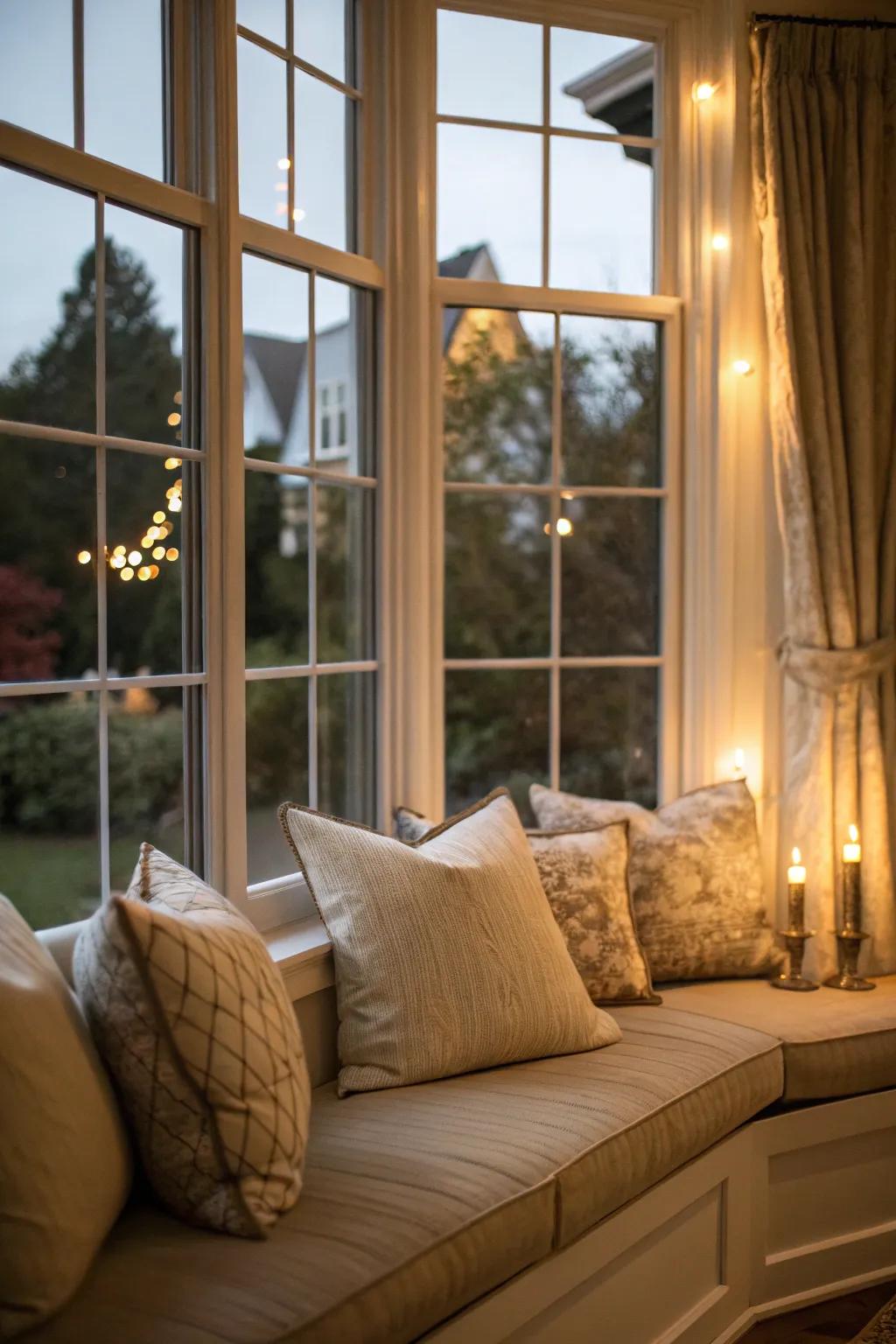 Neutral tones offer timeless elegance and versatility to your bay window setup.