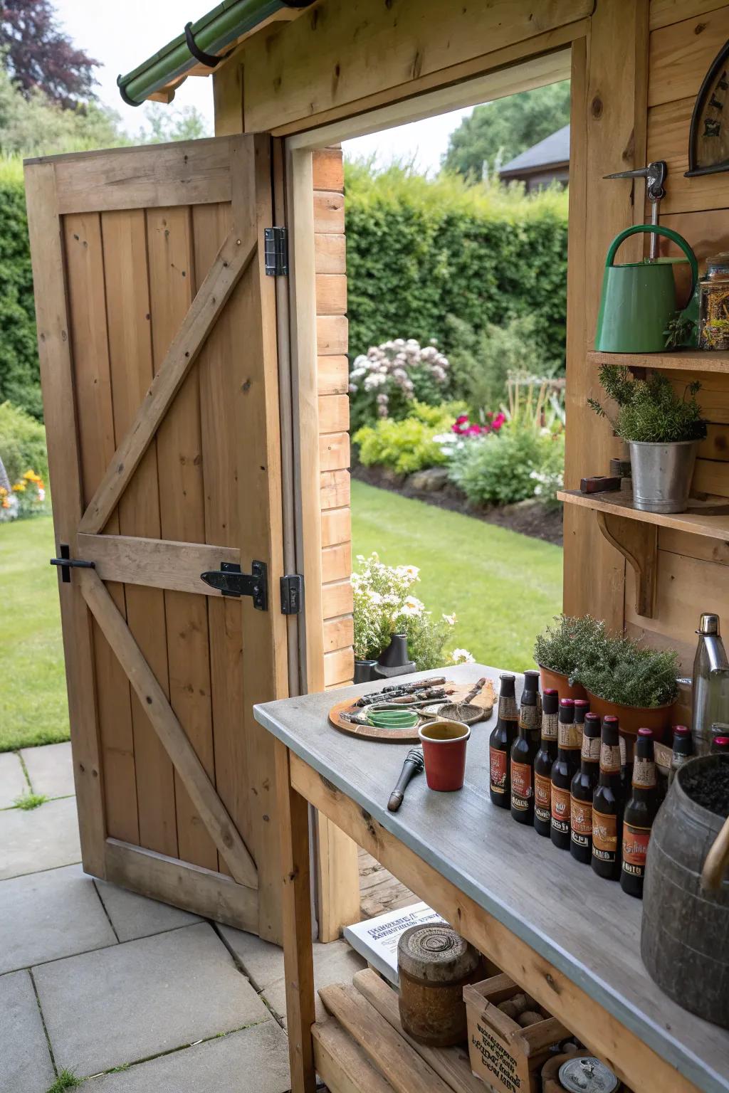 A garden shed with a potting table creatively storing beer bottles.