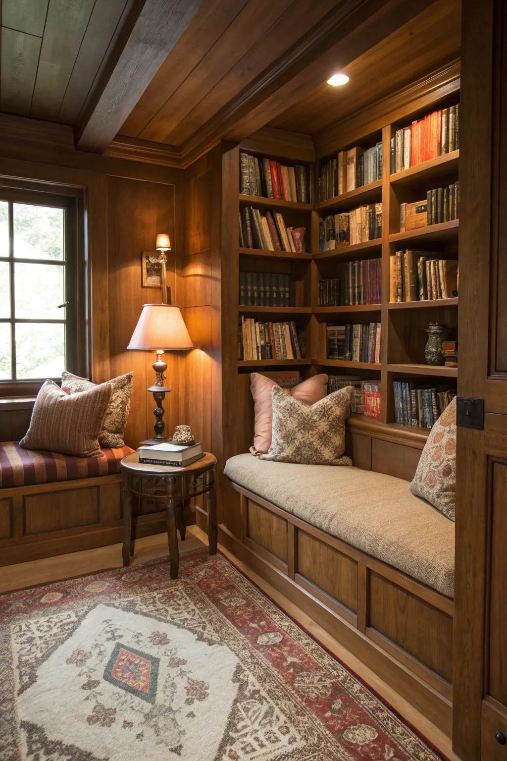 A snug reading nook enveloped in cozy brown.